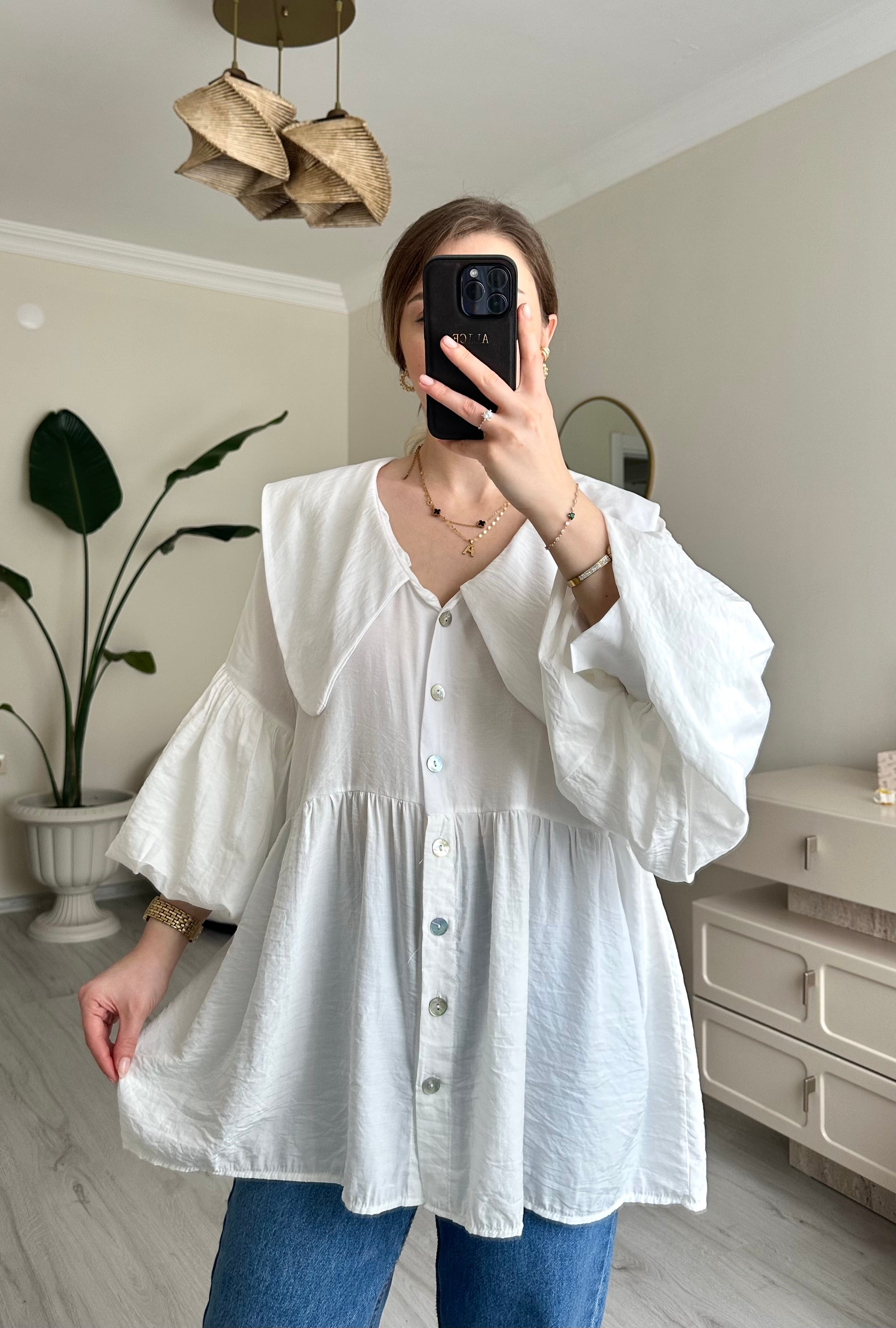 Bebe Yaka Oversize Balon Kol Gömlek