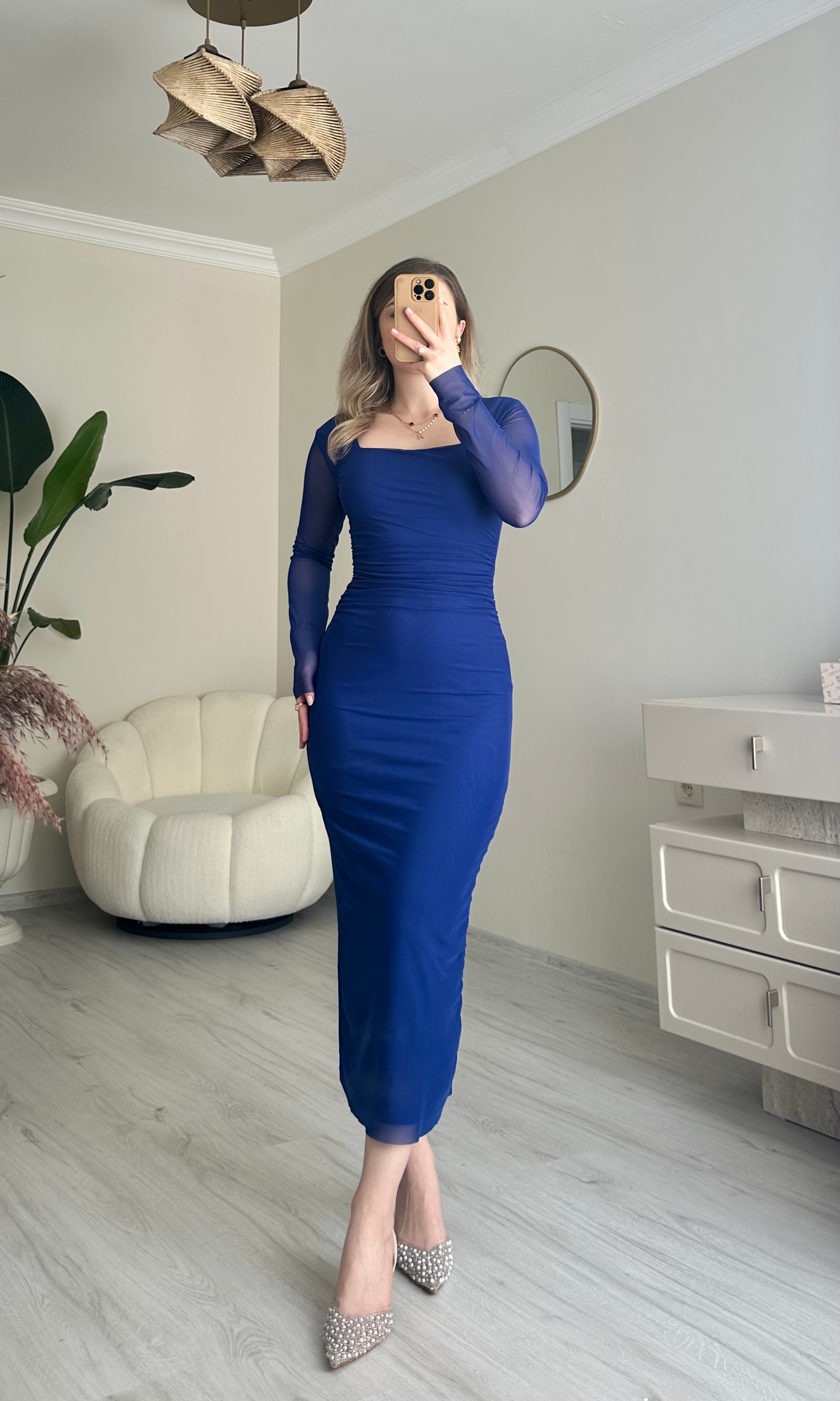 Tüllü Likralı Kare Yaka Midi Boy Elbise - Saks Mavisi