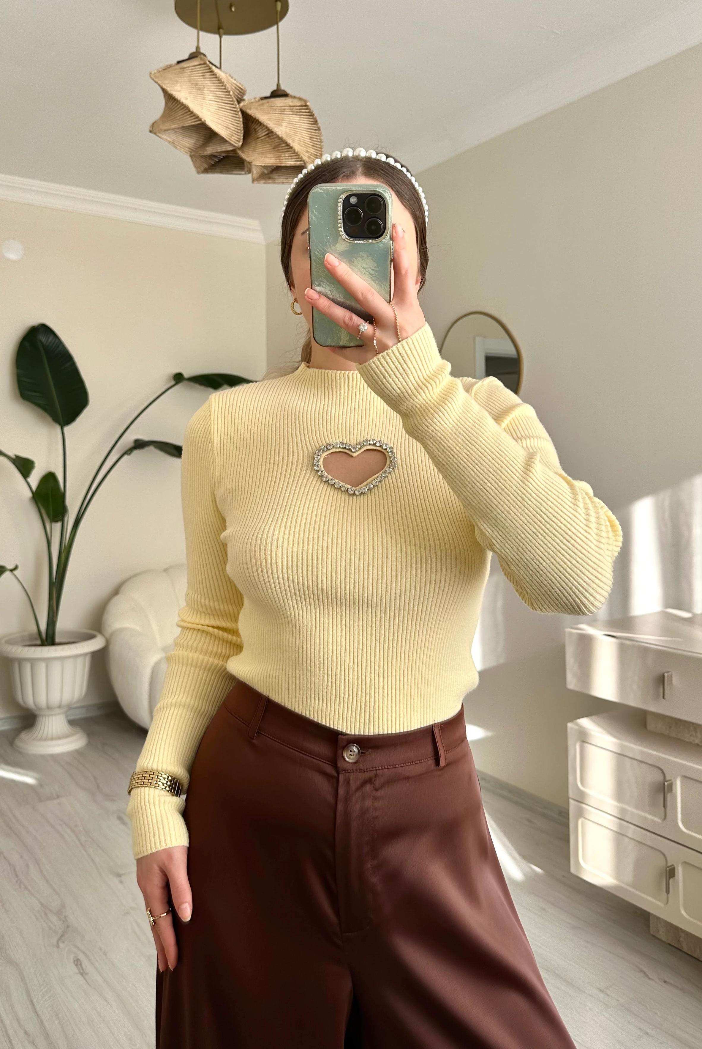 Taşlı Kalp Detay Soft Touch Fitilli Kazak - Soft Sarı