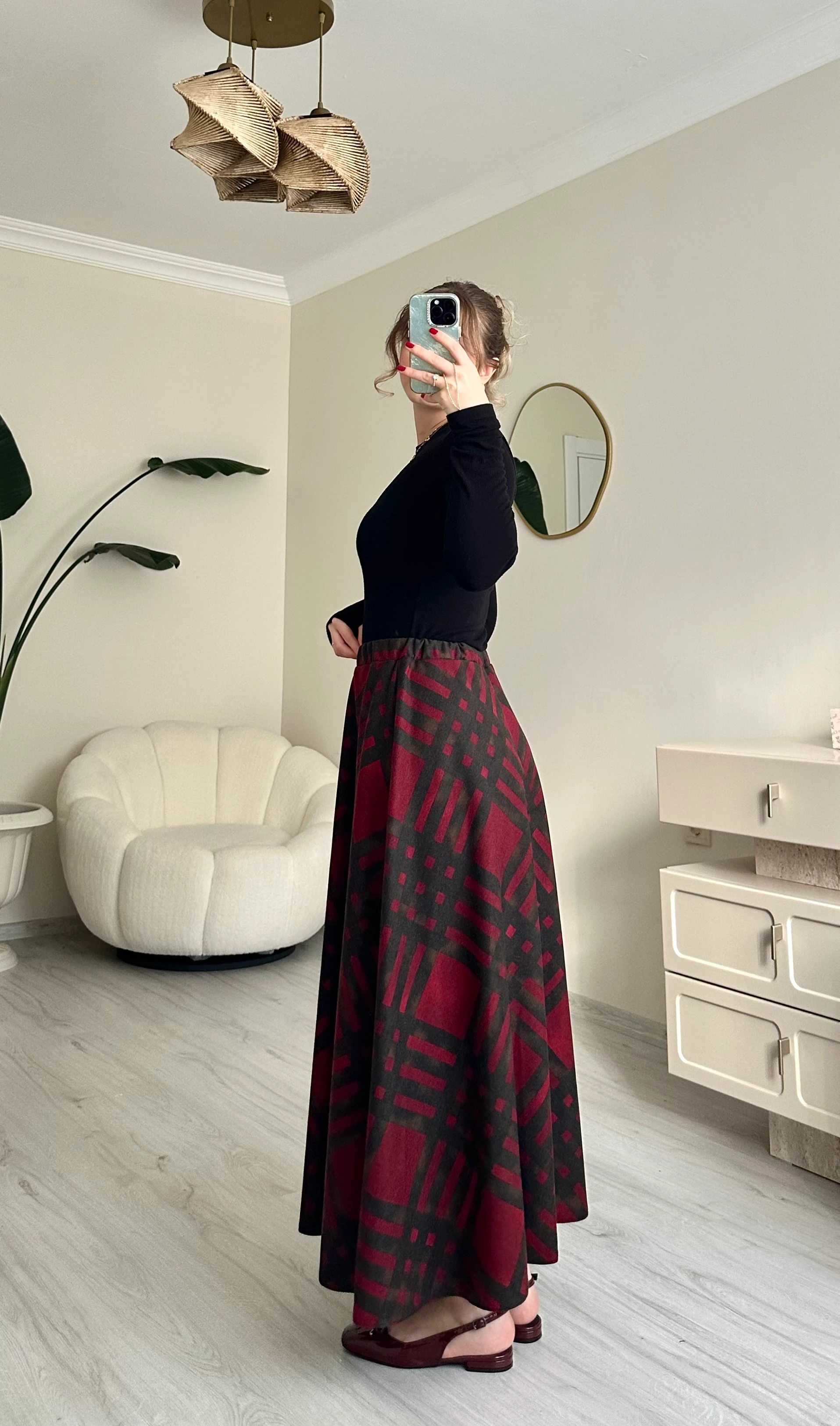 Ekoseli Maxi Boy Beli Lastikli Etek