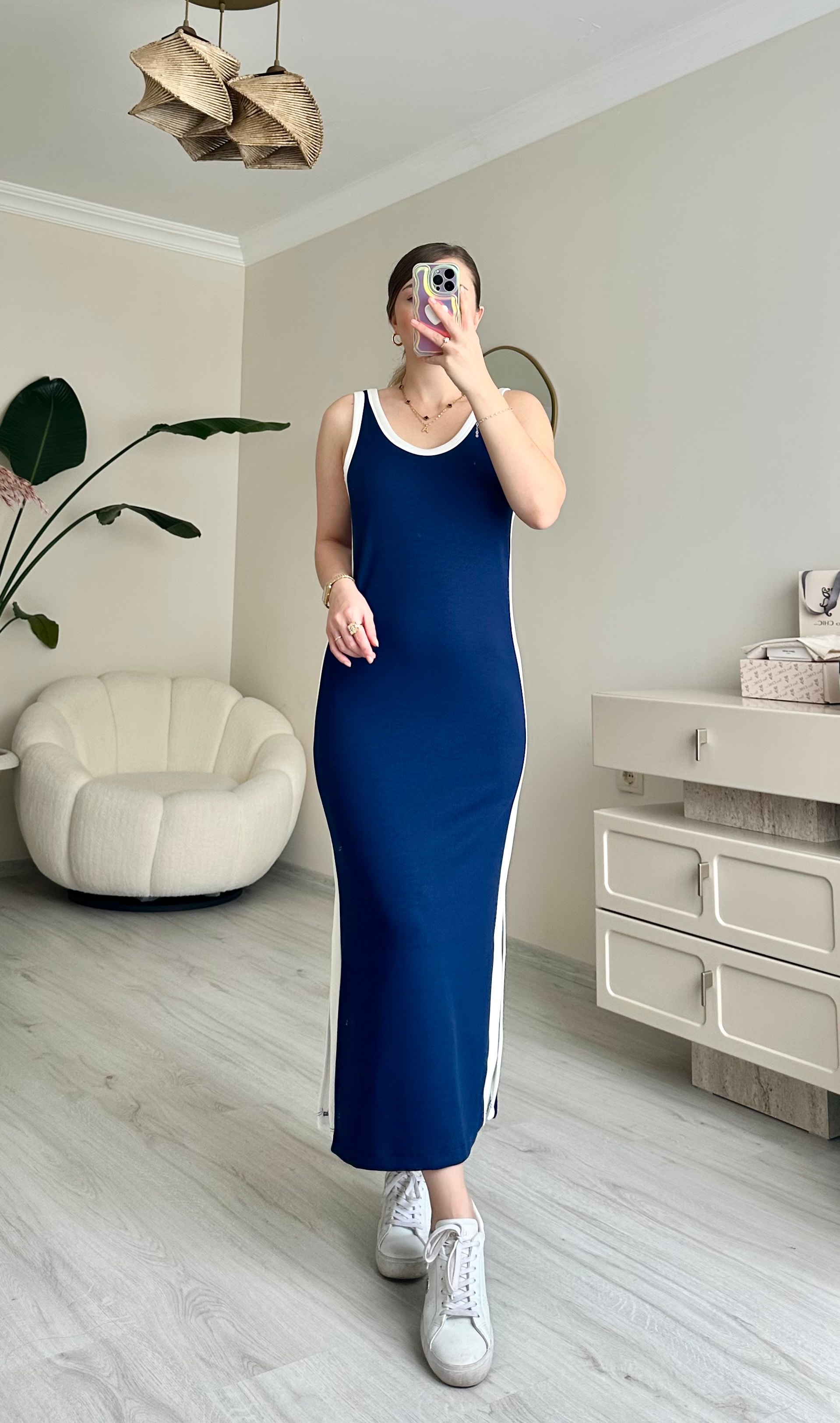 Çizgi Detay Modal Likralı Midi Boy Elbise - Lacivert