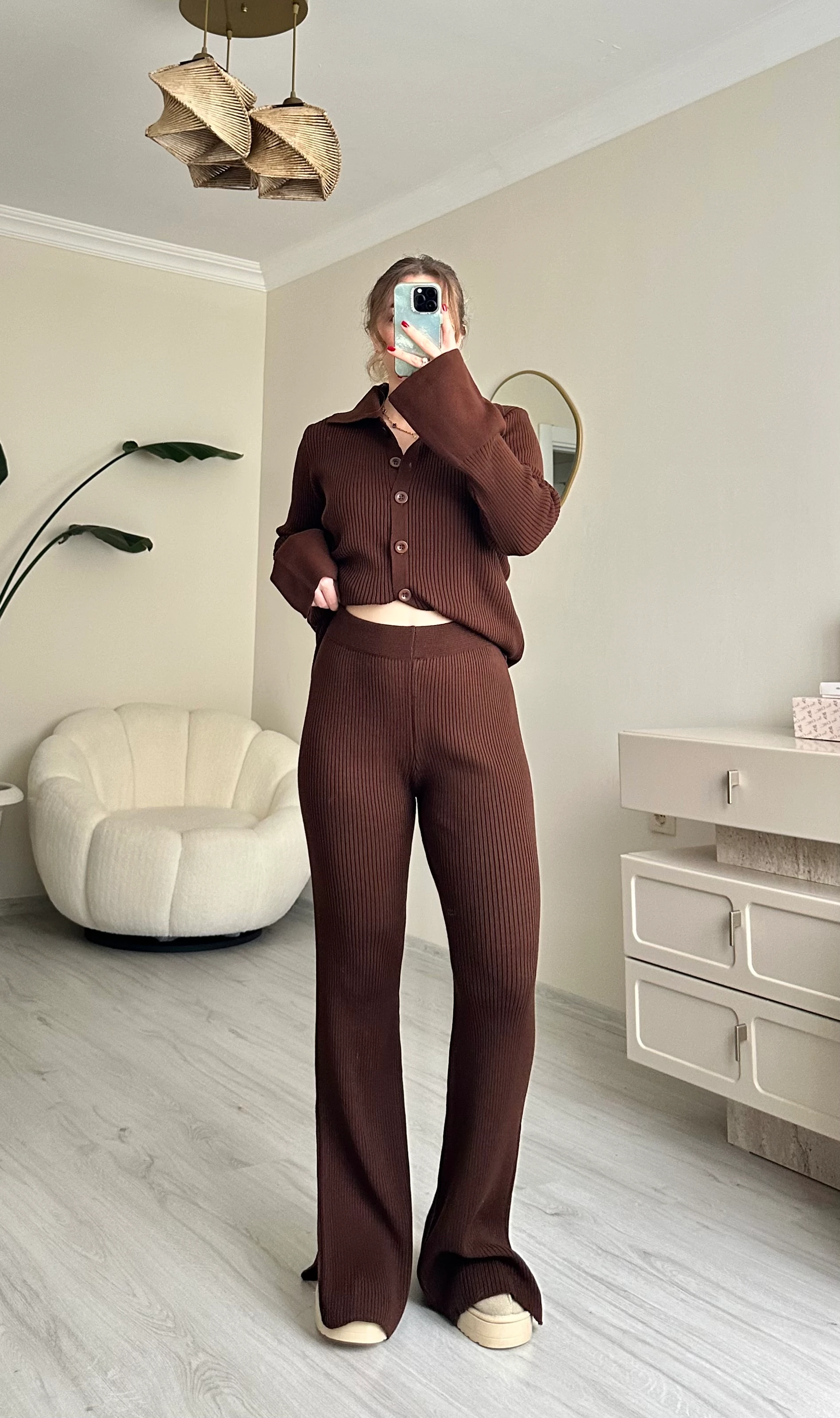 Düğmeli Triko Acı Kahve Takım