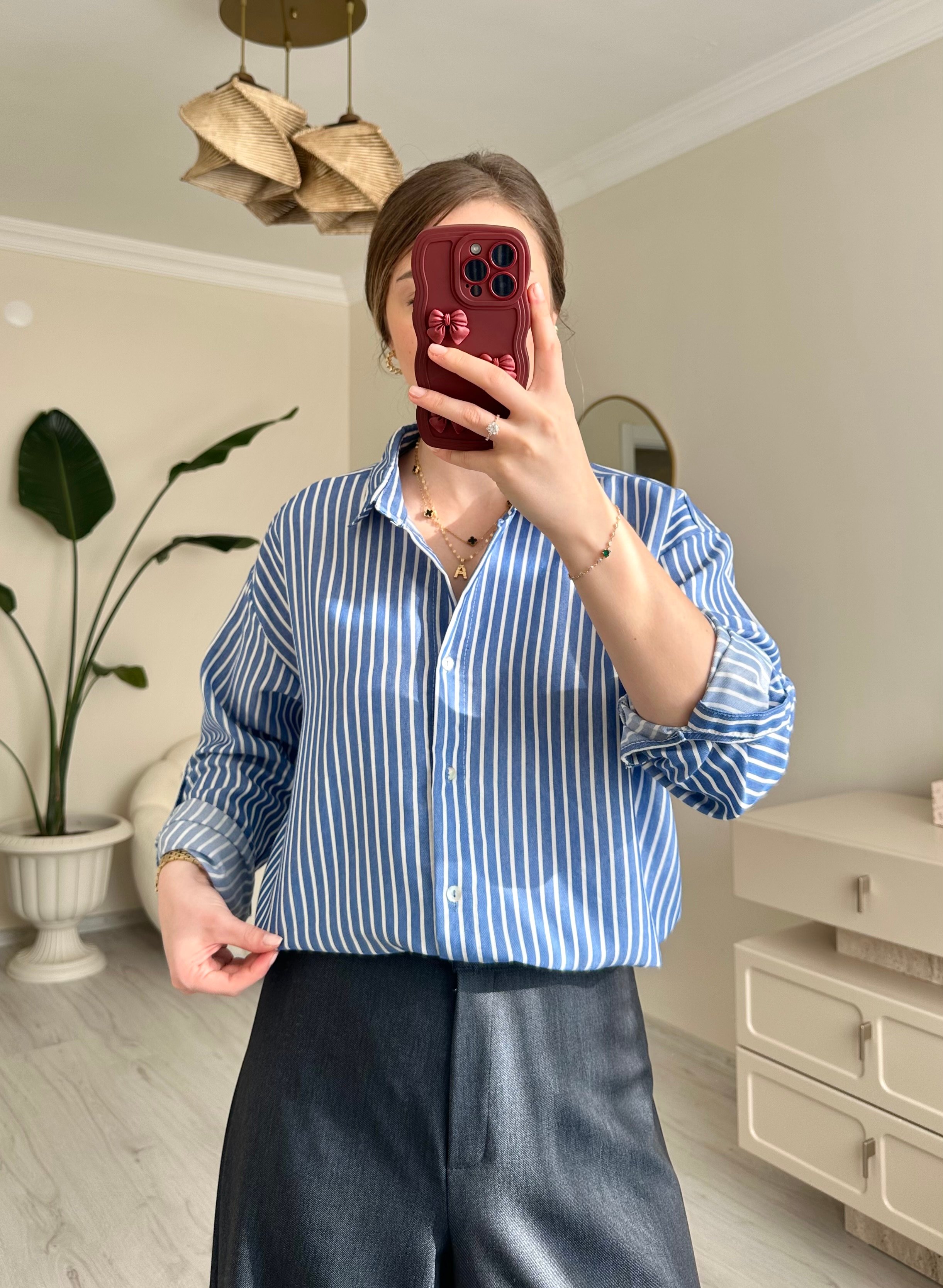 Çizgili Oversize Tunik Gömlek - Lacivert