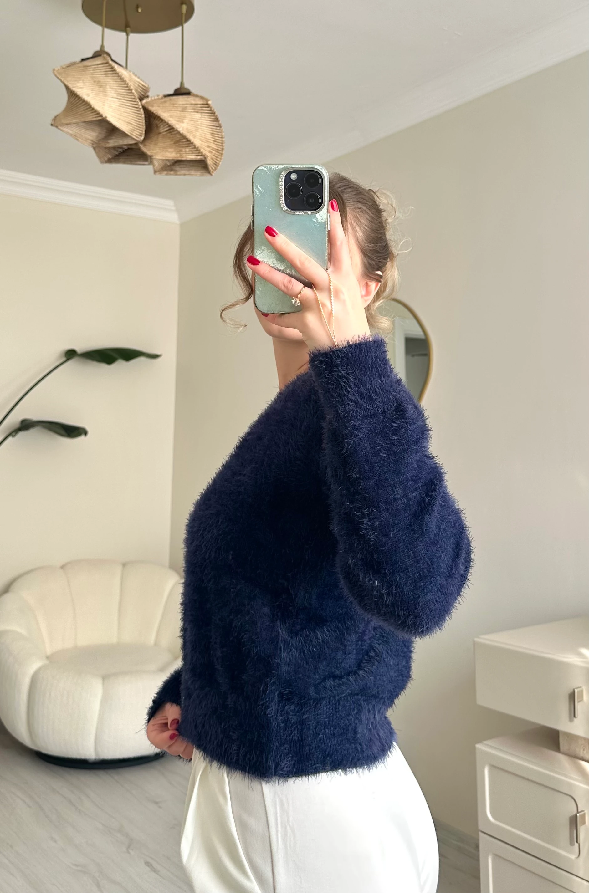 Kalp Taşlı Düğme Detay Sakallı Hırka