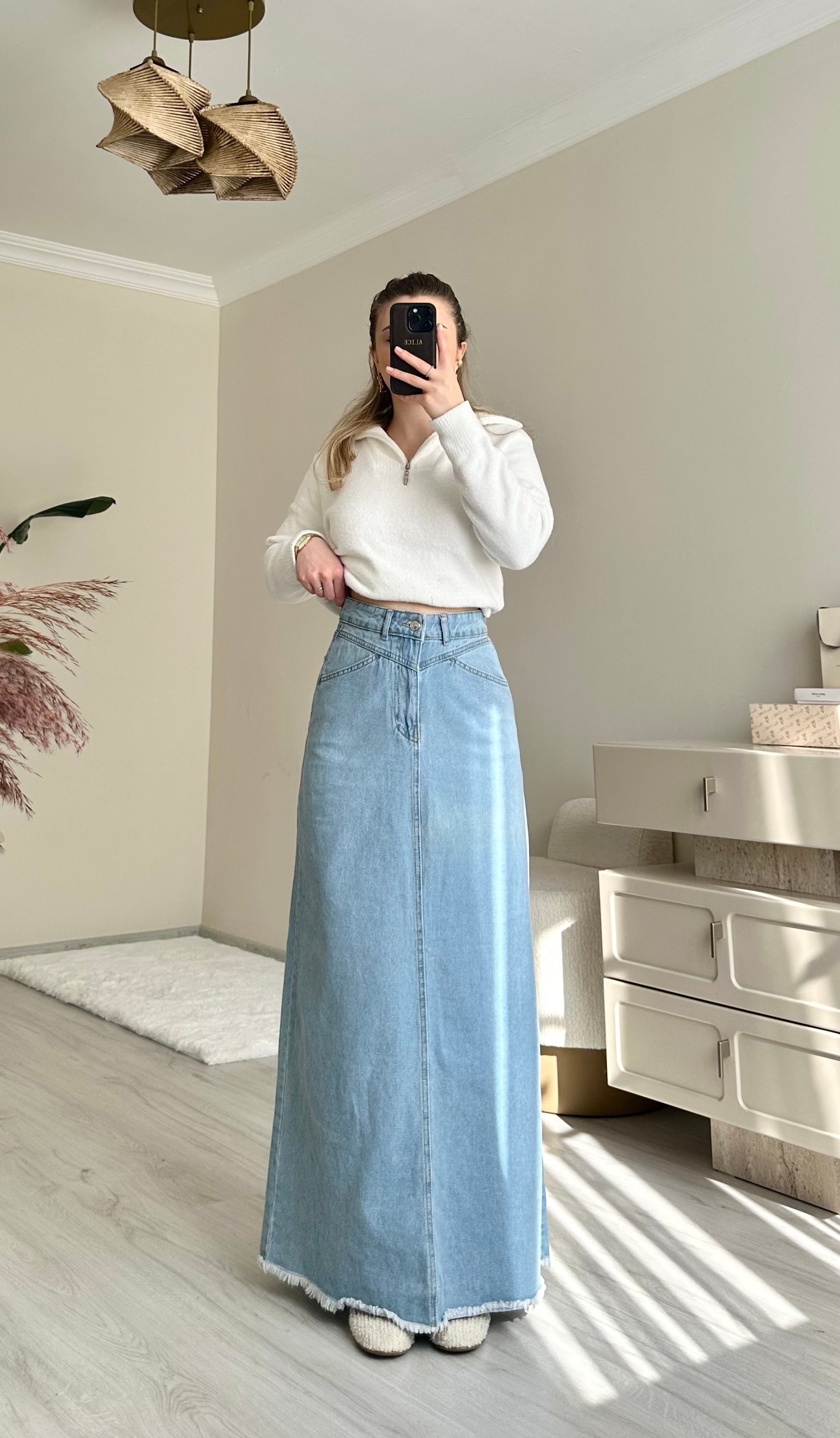 Grace Maxi Boy Cep Detaylı Jean Etek - Buz Mavisi