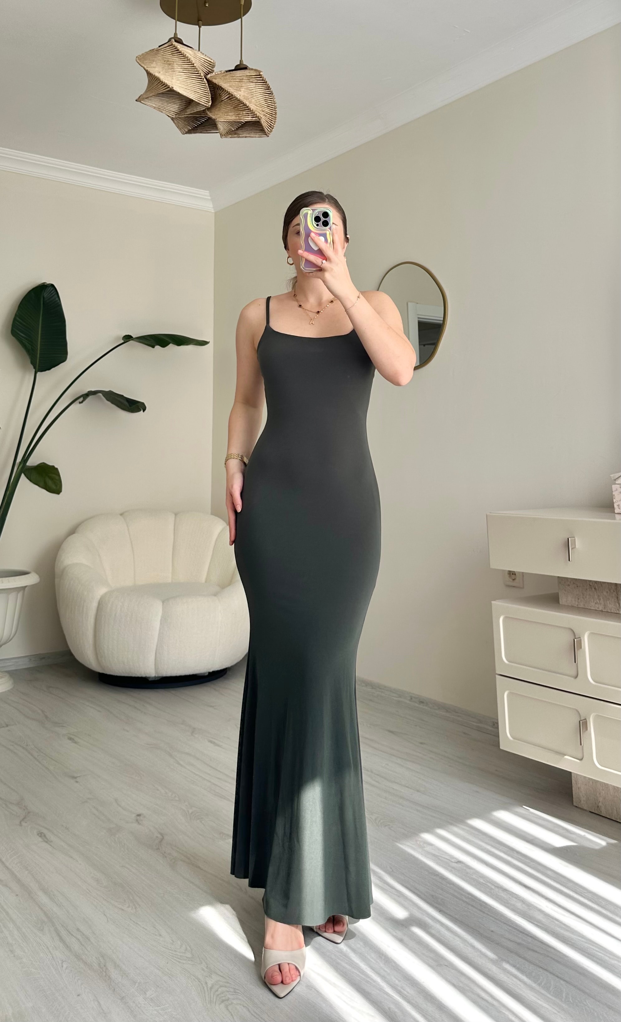İp Askılı Likralı Maxi Boy Elbise - Asker Yeşili