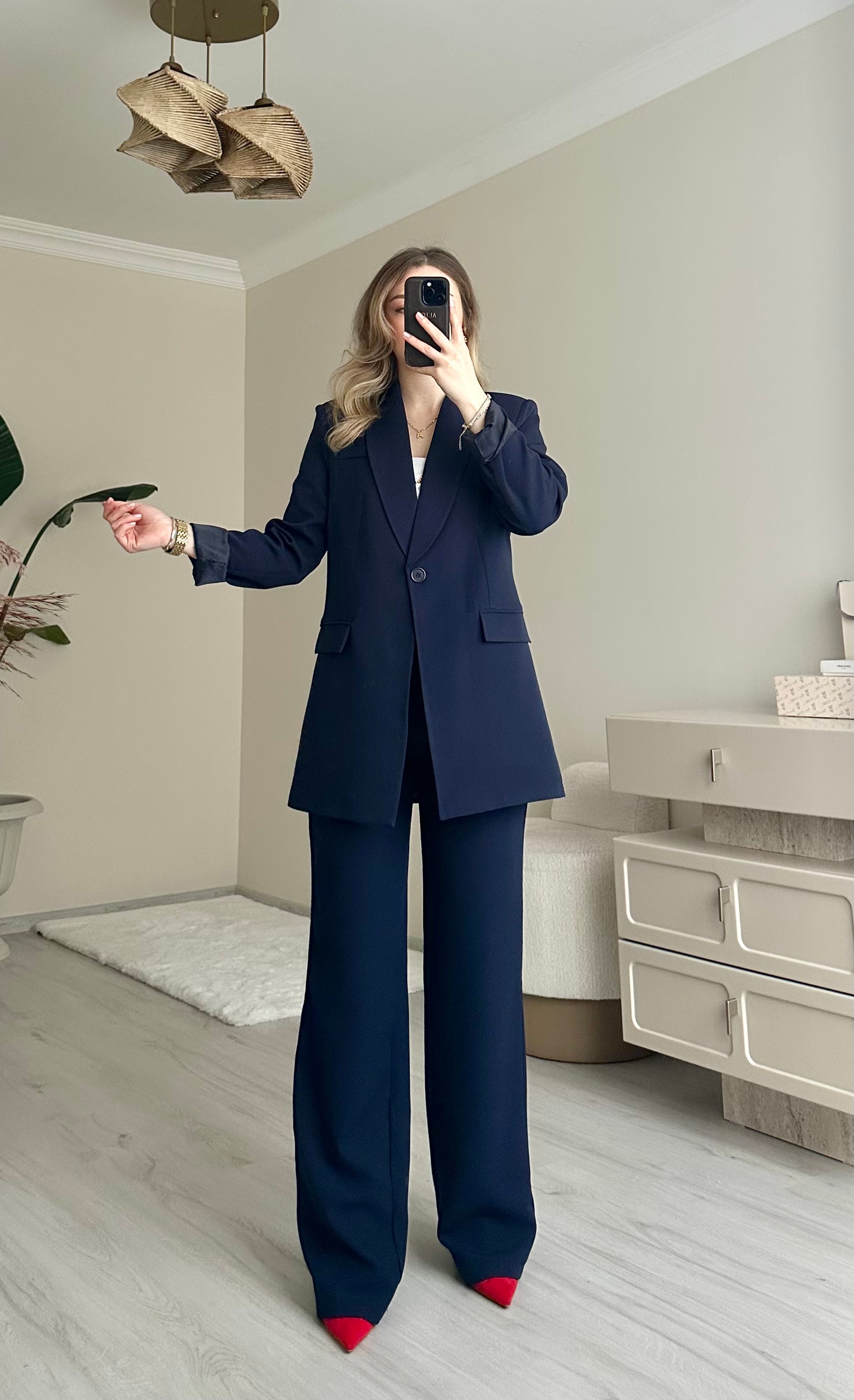 Premium Blazer Ceket Palazzo Pantolon Takım - Lacivert