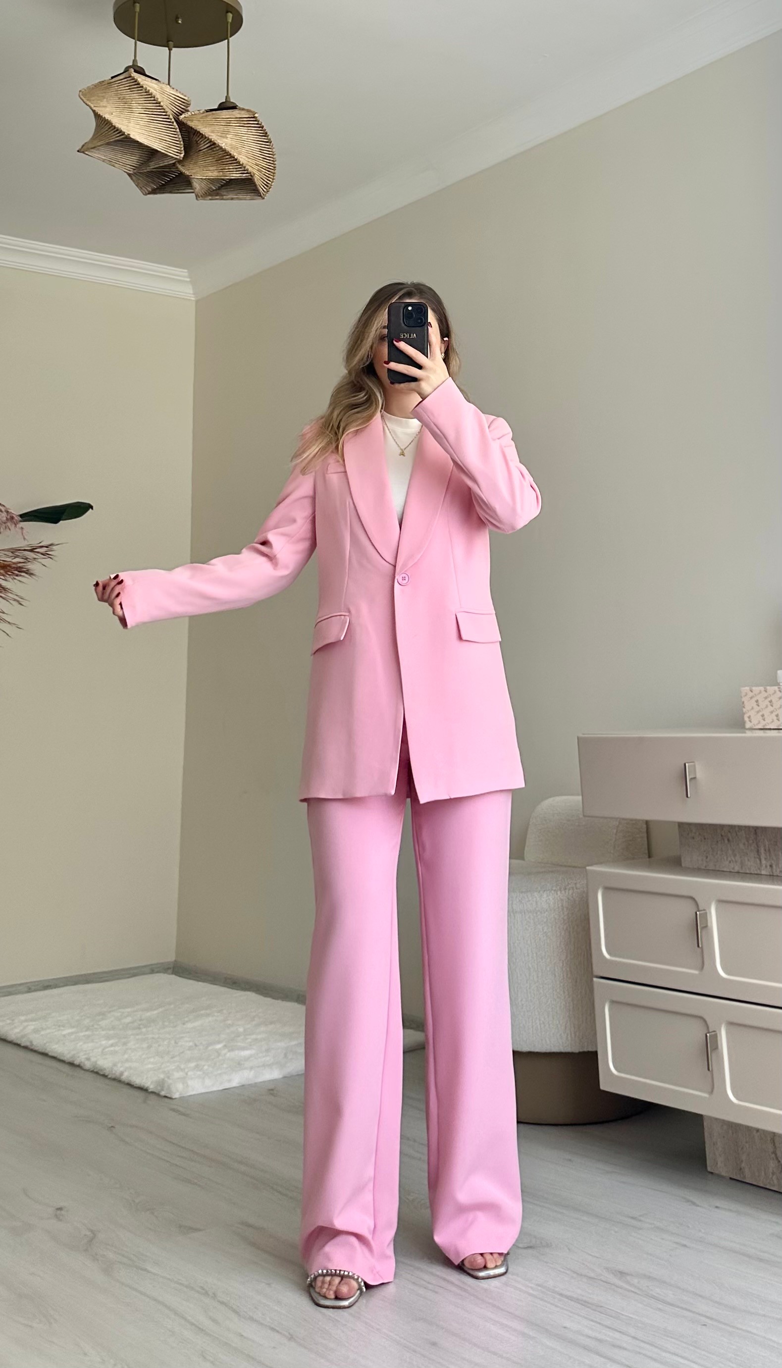 Premium Blazer Ceket Palazzo Pantolon Takım - Şeker Pembe