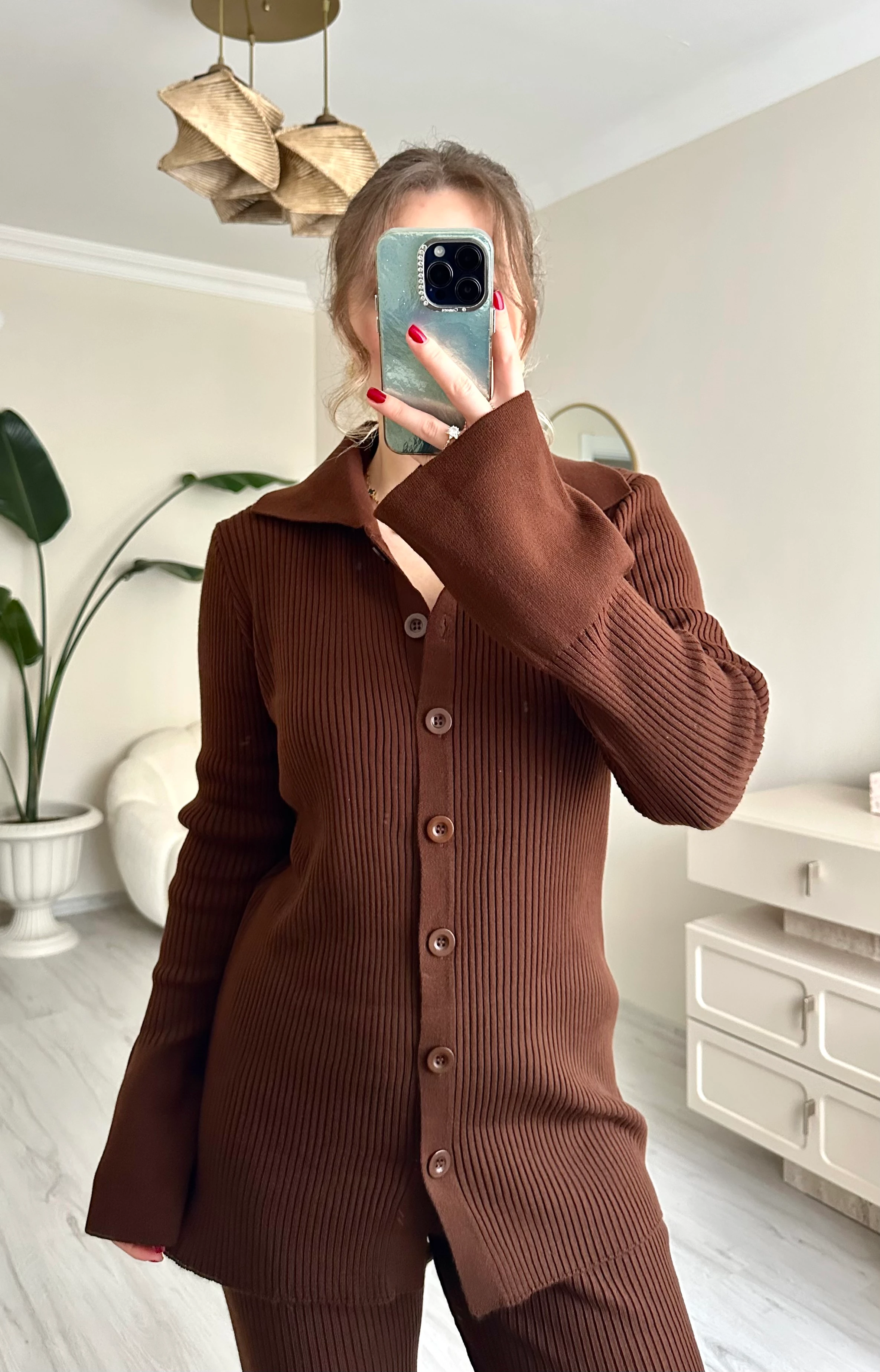 Düğmeli Triko Acı Kahve Takım