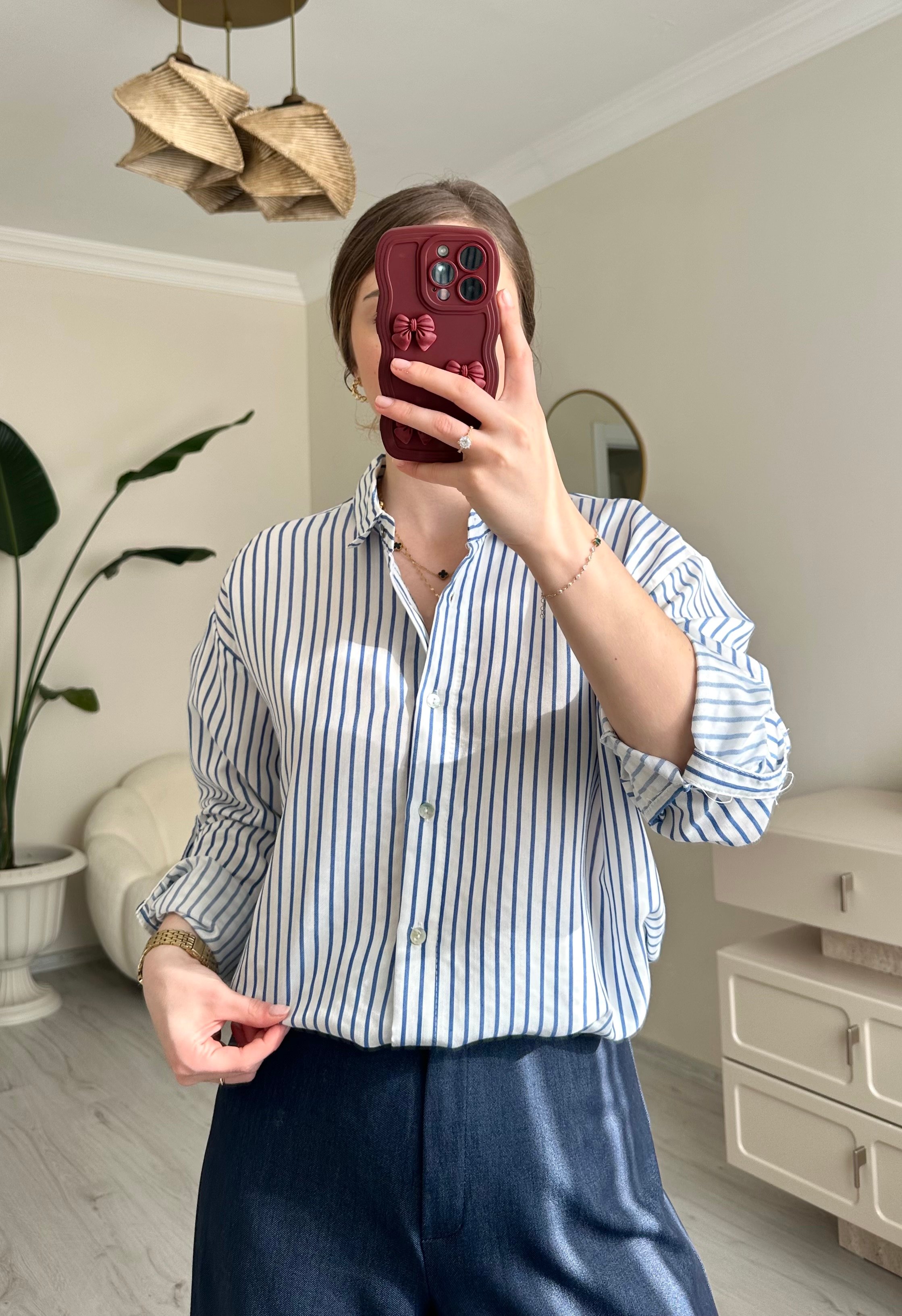 Çizgili Oversize Tunik Gömlek - Beyaz