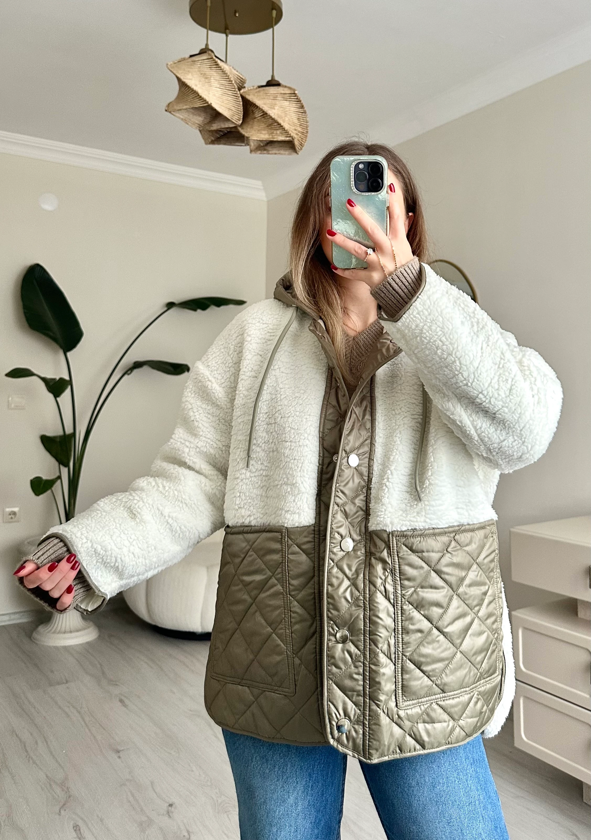 Peluş Detaylı Kapitone Oversize Mont - Haki