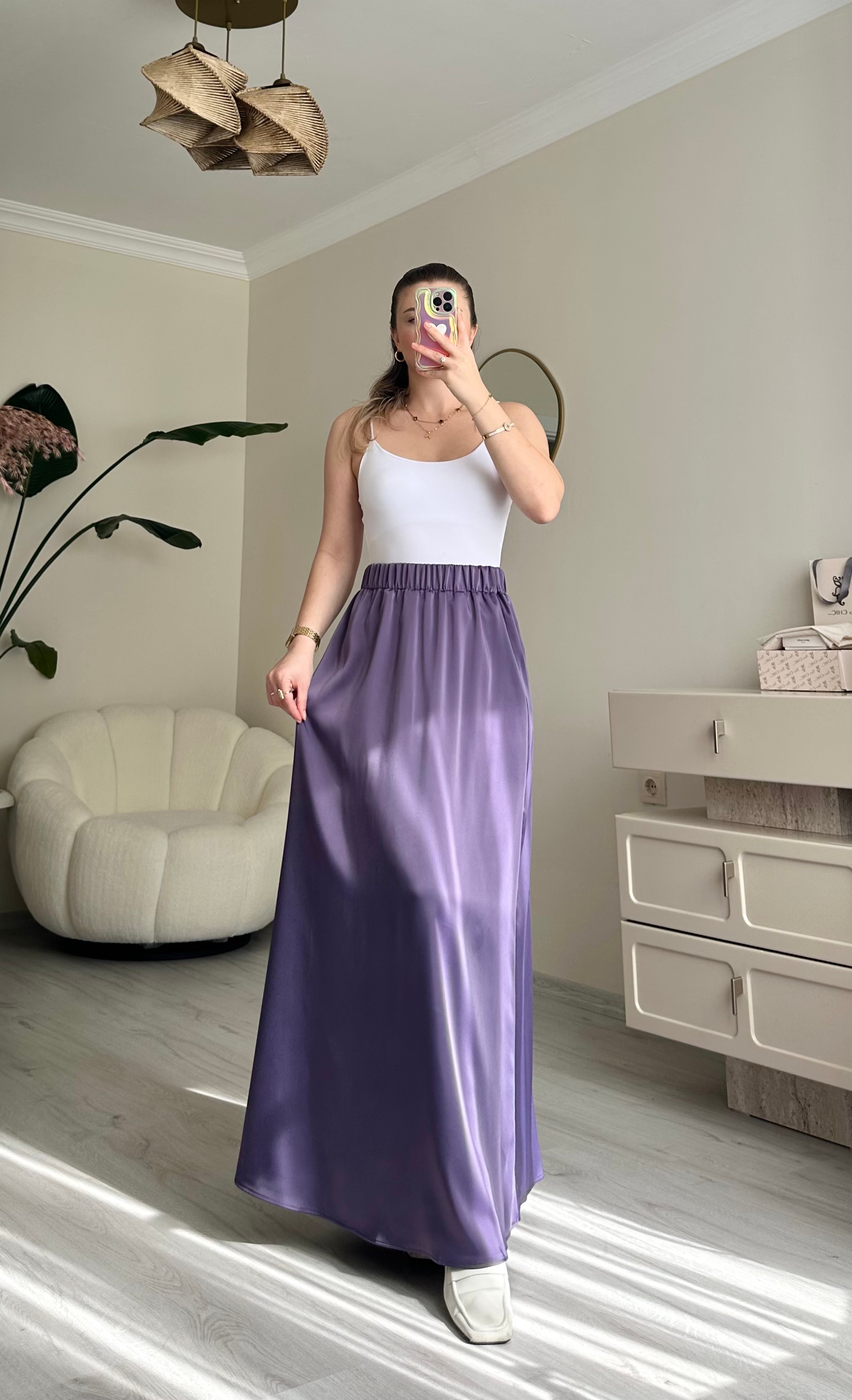 Saten Maxi Boy Beli Lastikli Etek - Mor