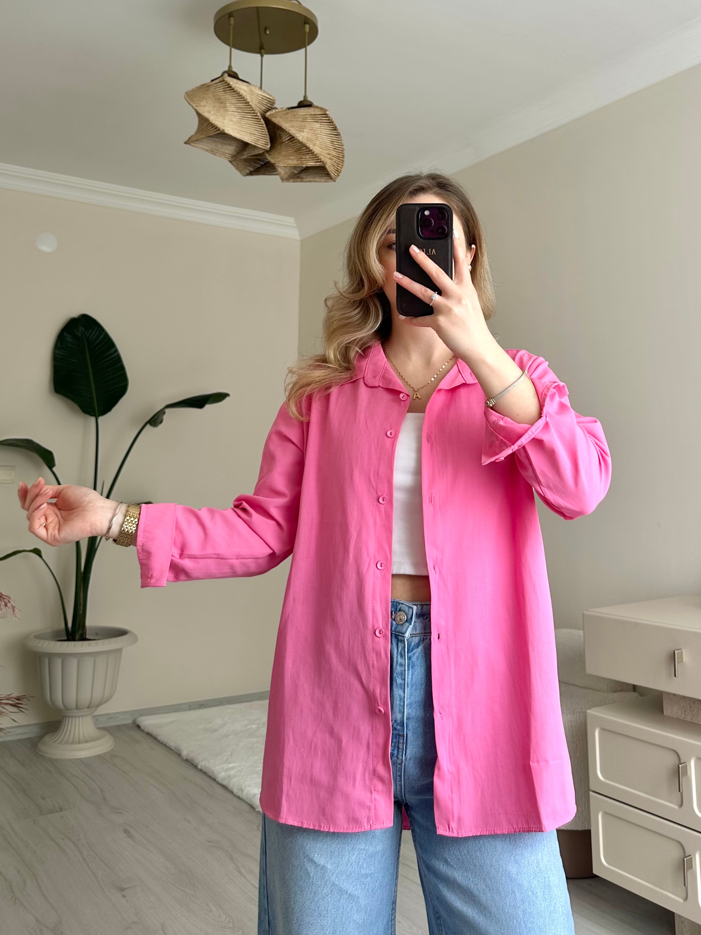 Poplin Şeker Pembe Oversize Gömlek