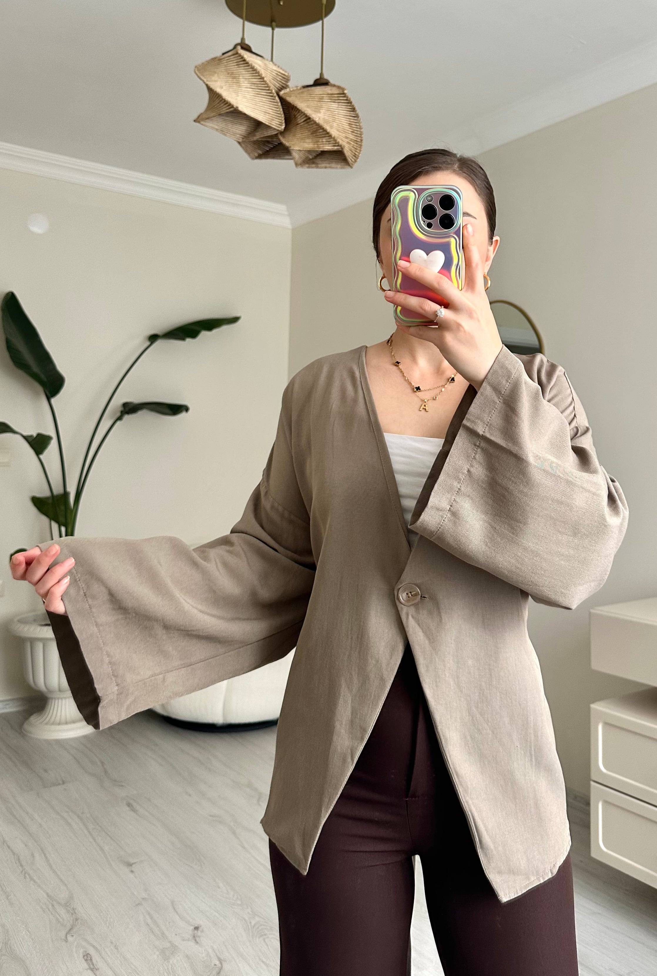 Kuşaklı Keten Oversize Ceket - Vizon