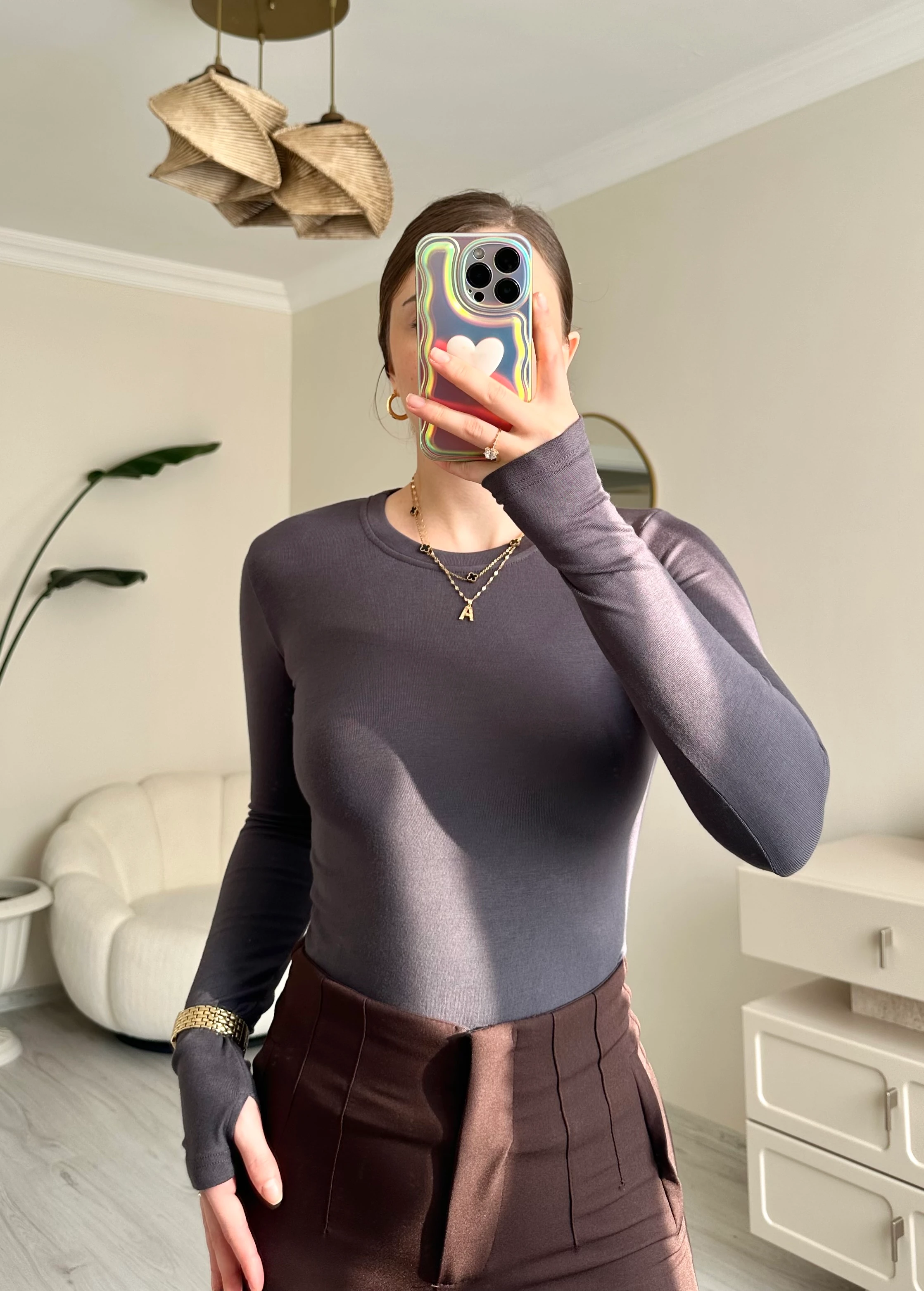 Uzun Kol Likralı Parmak Geçmeli Slim Body - Antrasit