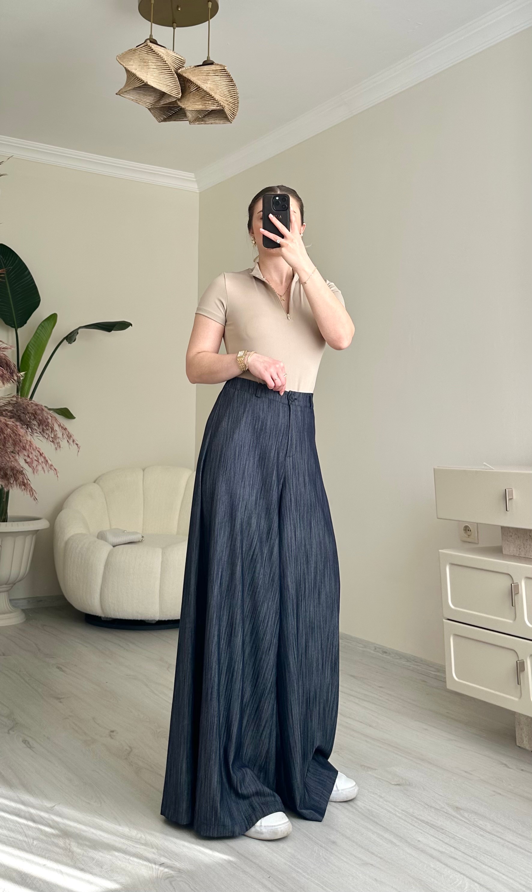 Tensel Lacivert Desenli Maxi Bol Paça Pantolon