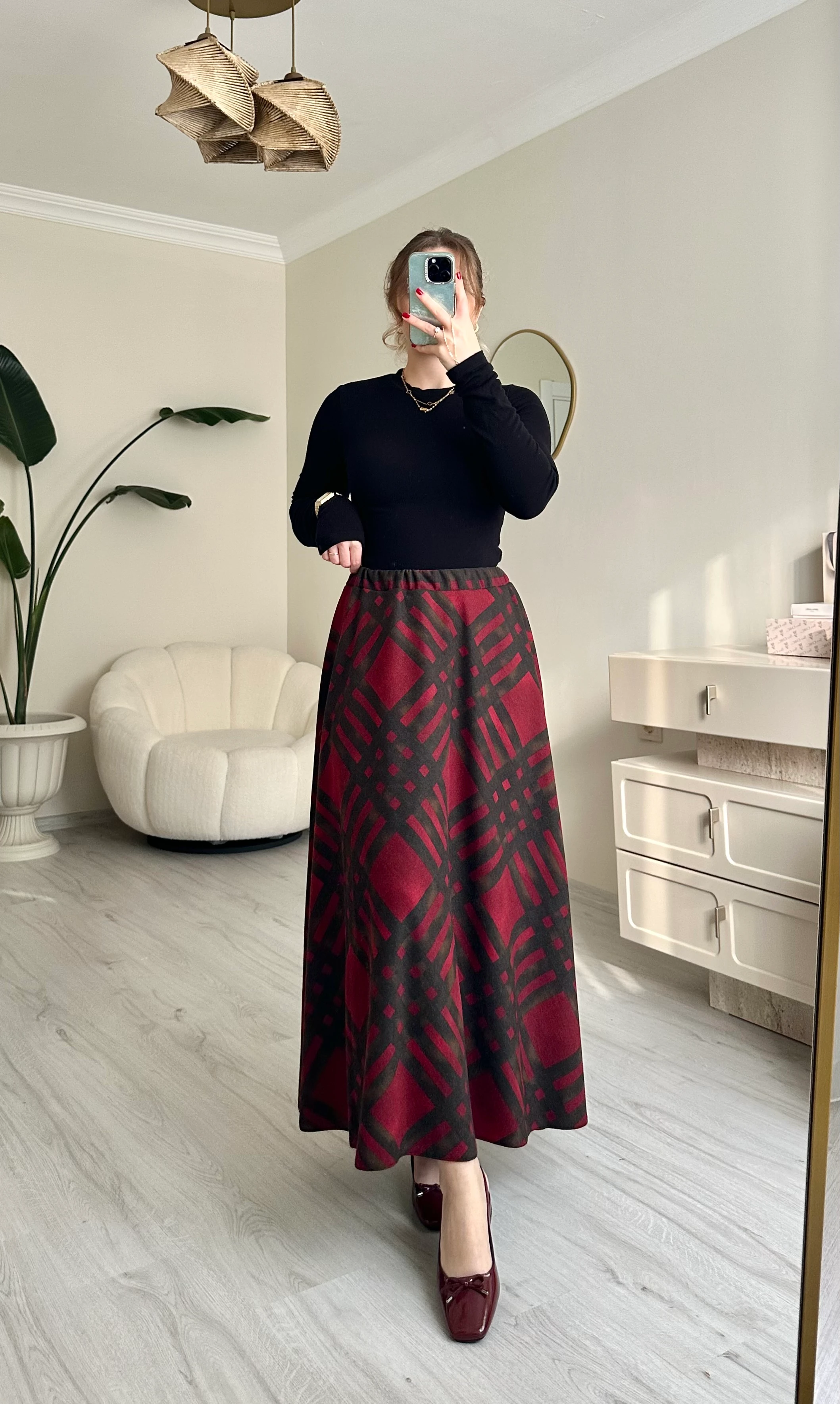 Ekoseli Maxi Boy Beli Lastikli Etek