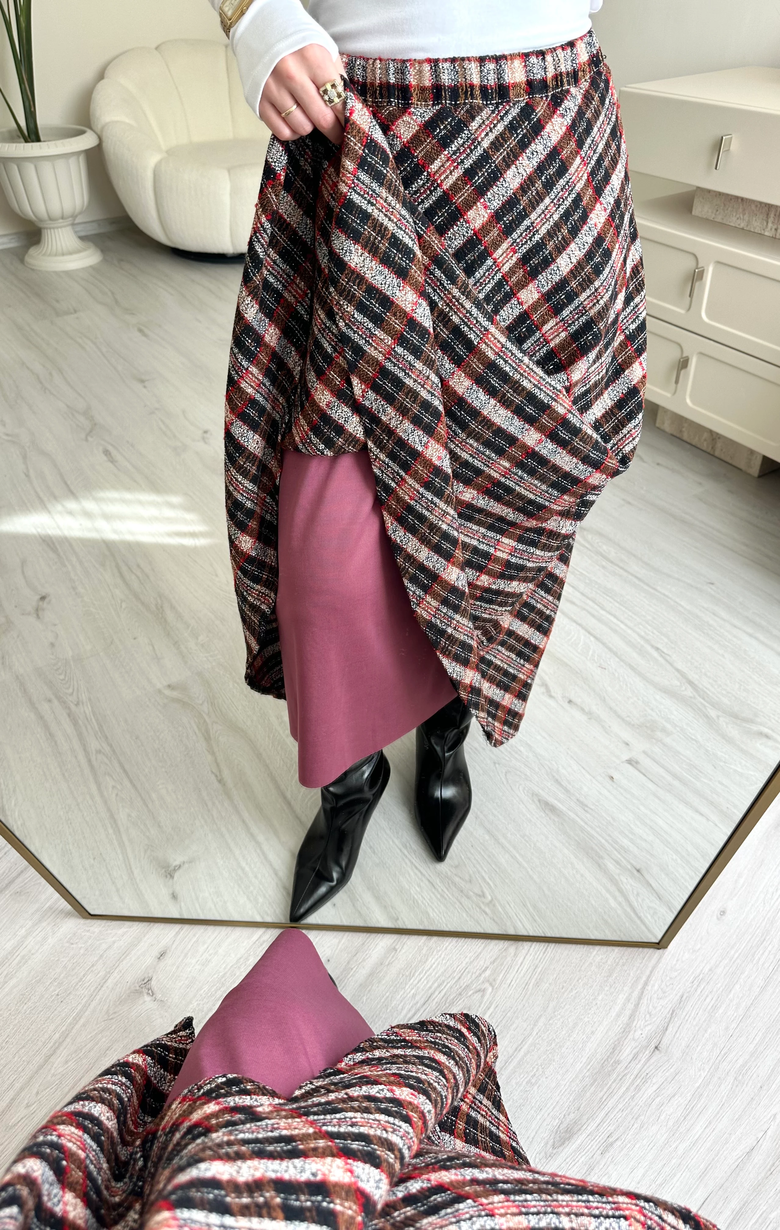 Şanel Kumaş Ekoseli Kloş Etek