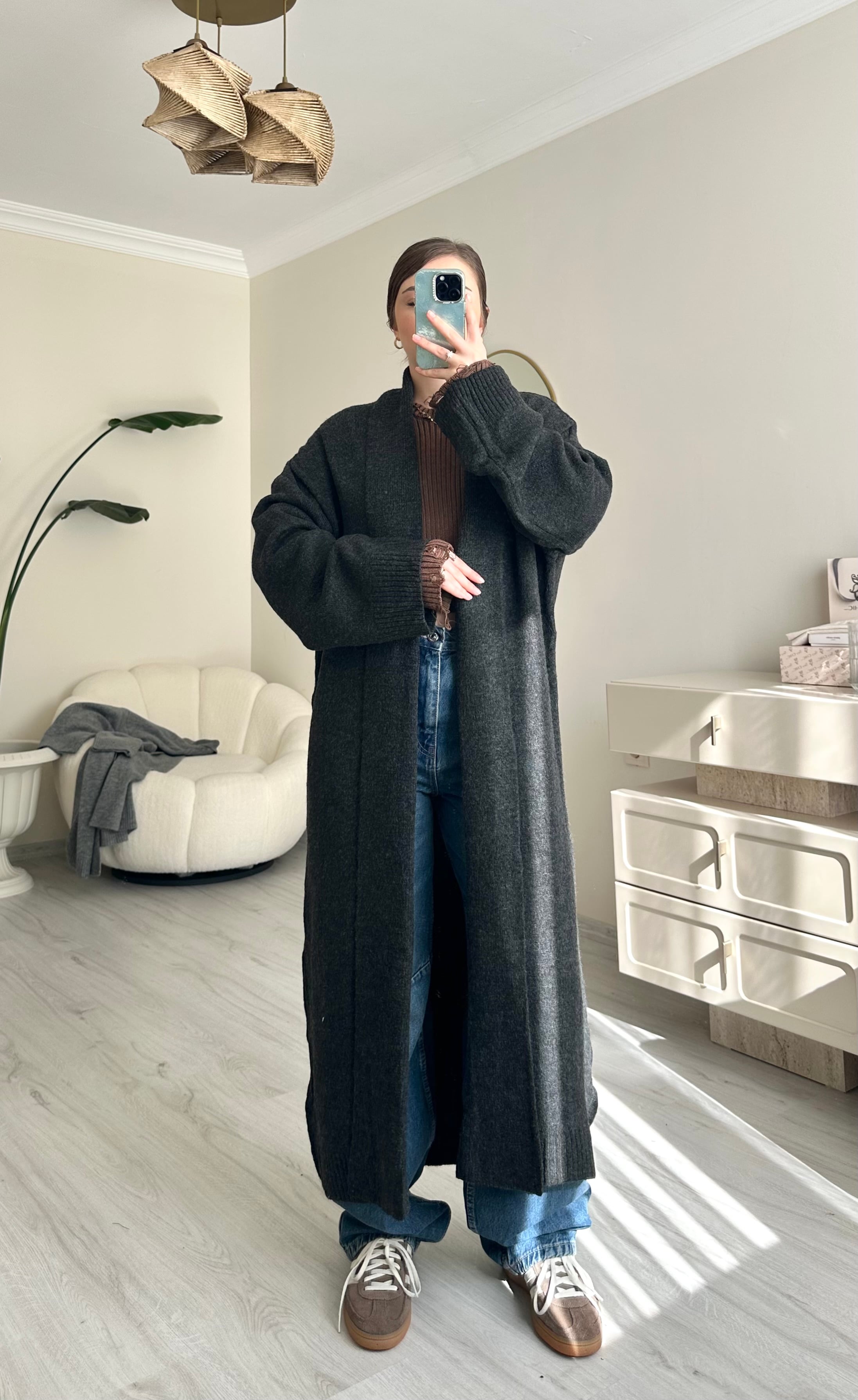 Premium Şal Yaka Oversize Maxi Boy Hırka - Kırçıllı Siyah