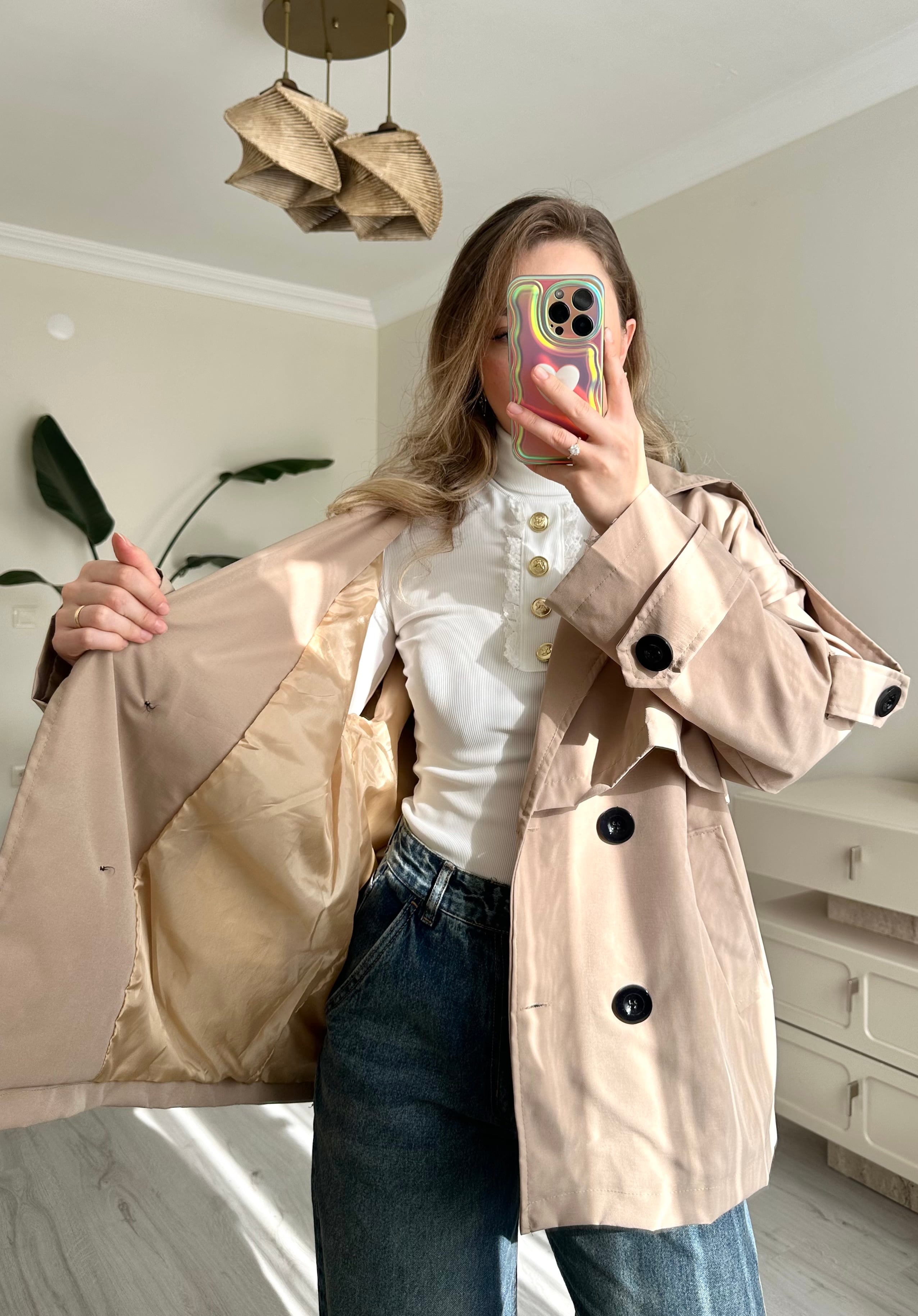 Premium Kuşaklı Oversize Kısa Trençkot
