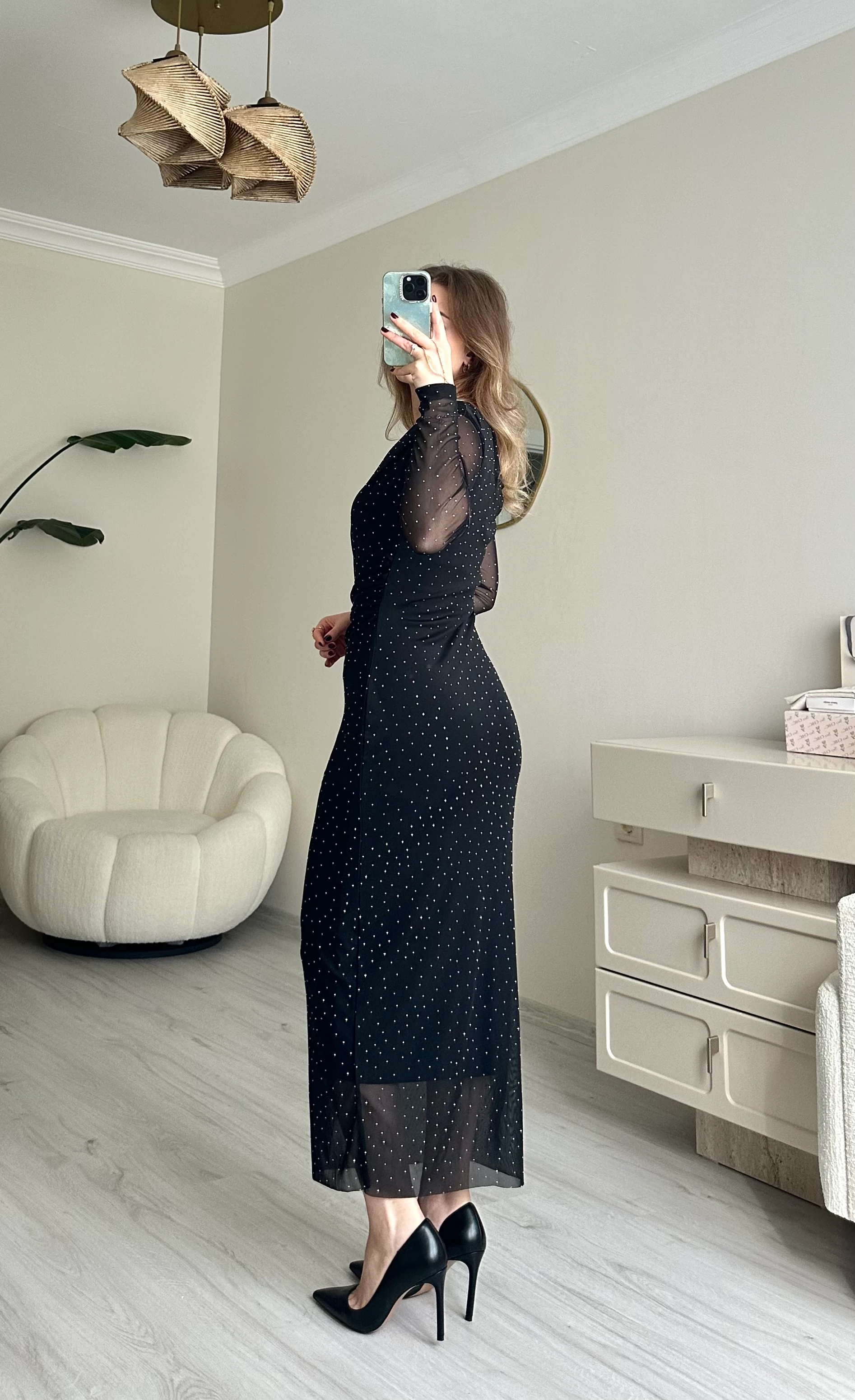 Taşlı Omuz Detay Tüllü Elbise