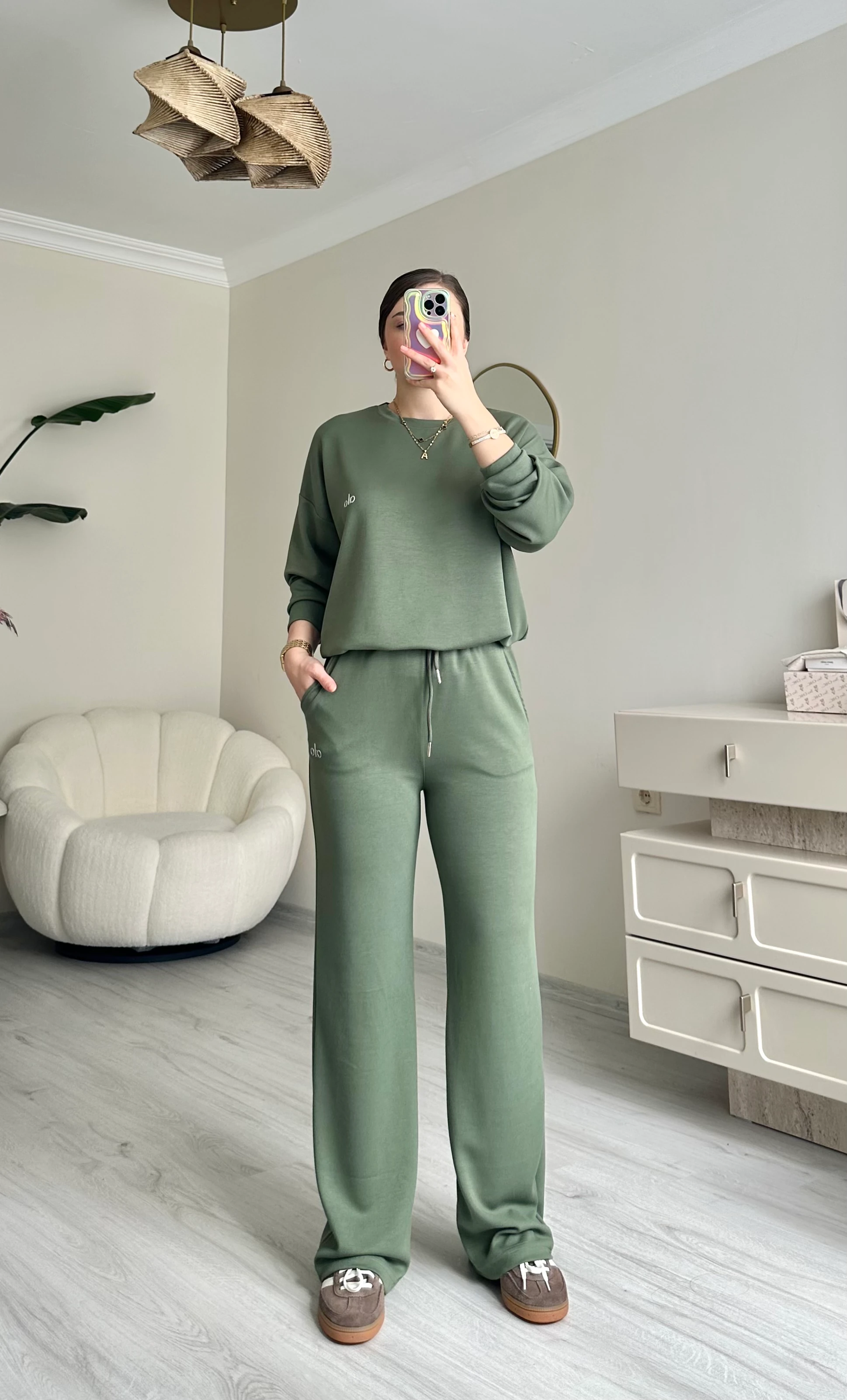 Premium Oversize Beli Lastikli Modal Takım - Haki