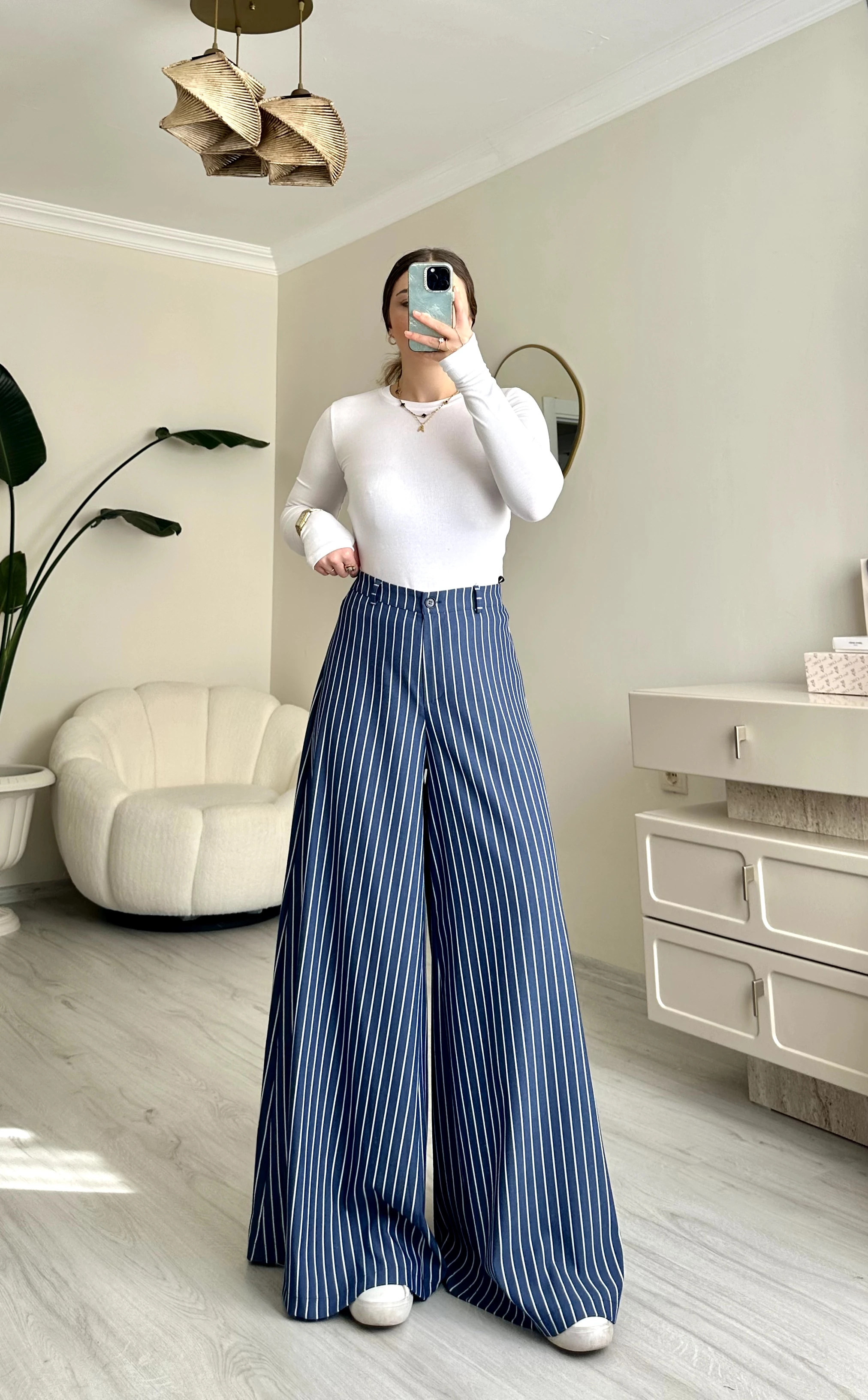 Premium Çizgili Sim Detay Maxi Paça Etekli Pantolon - Lacivert