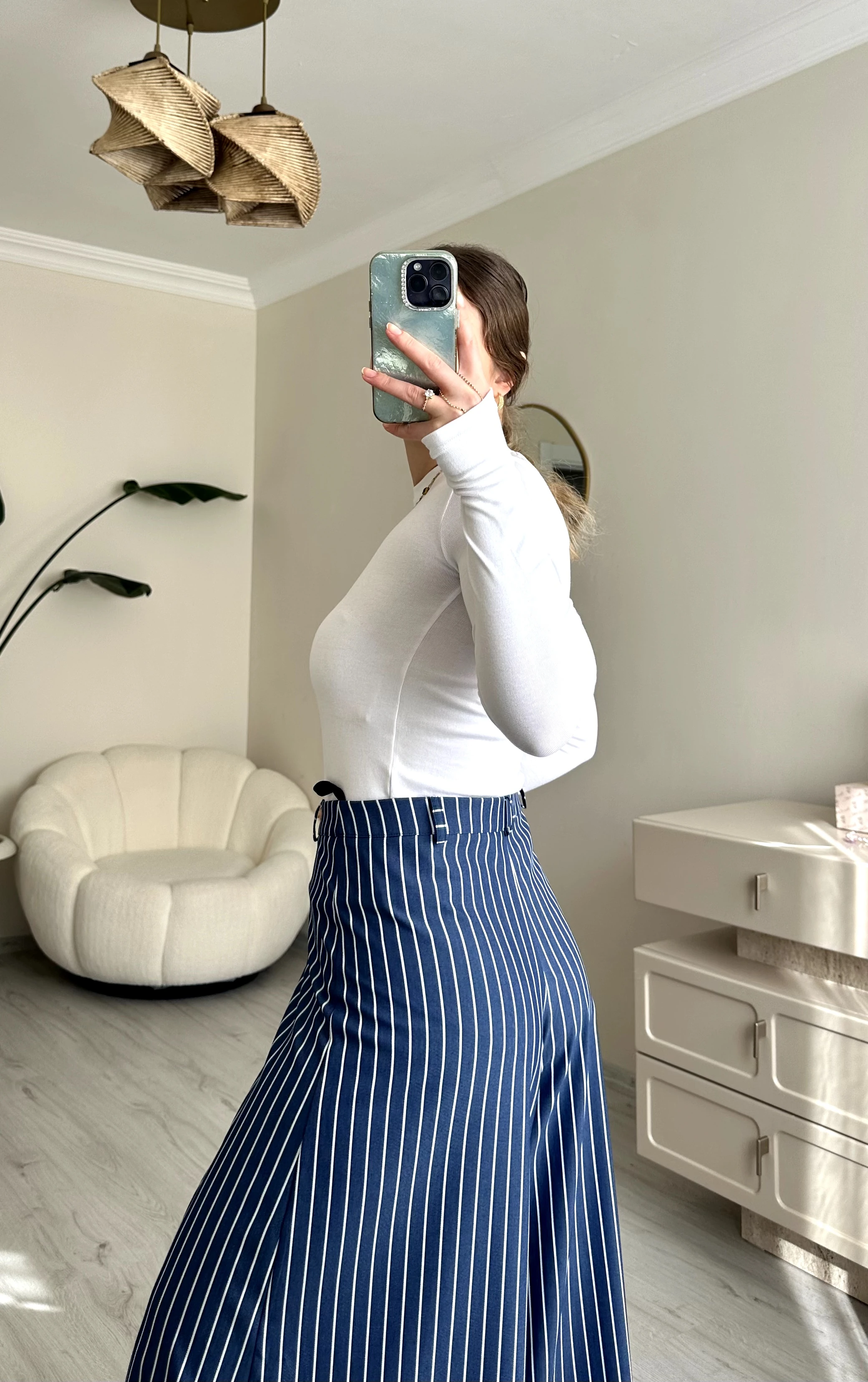 Premium Çizgili Sim Detay Maxi Paça Etekli Pantolon