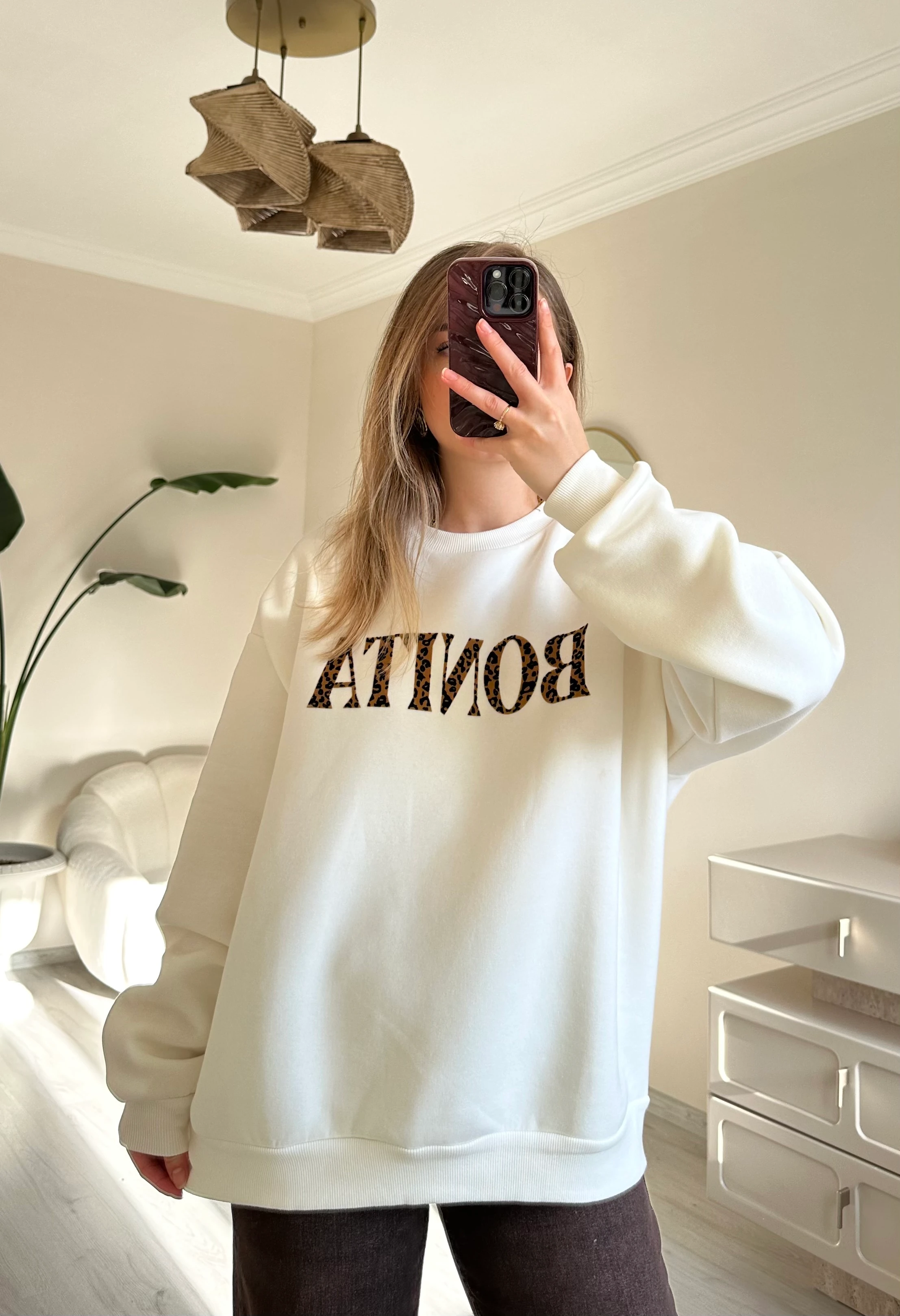 Süet Leopar Yazılı Oversize Sweat