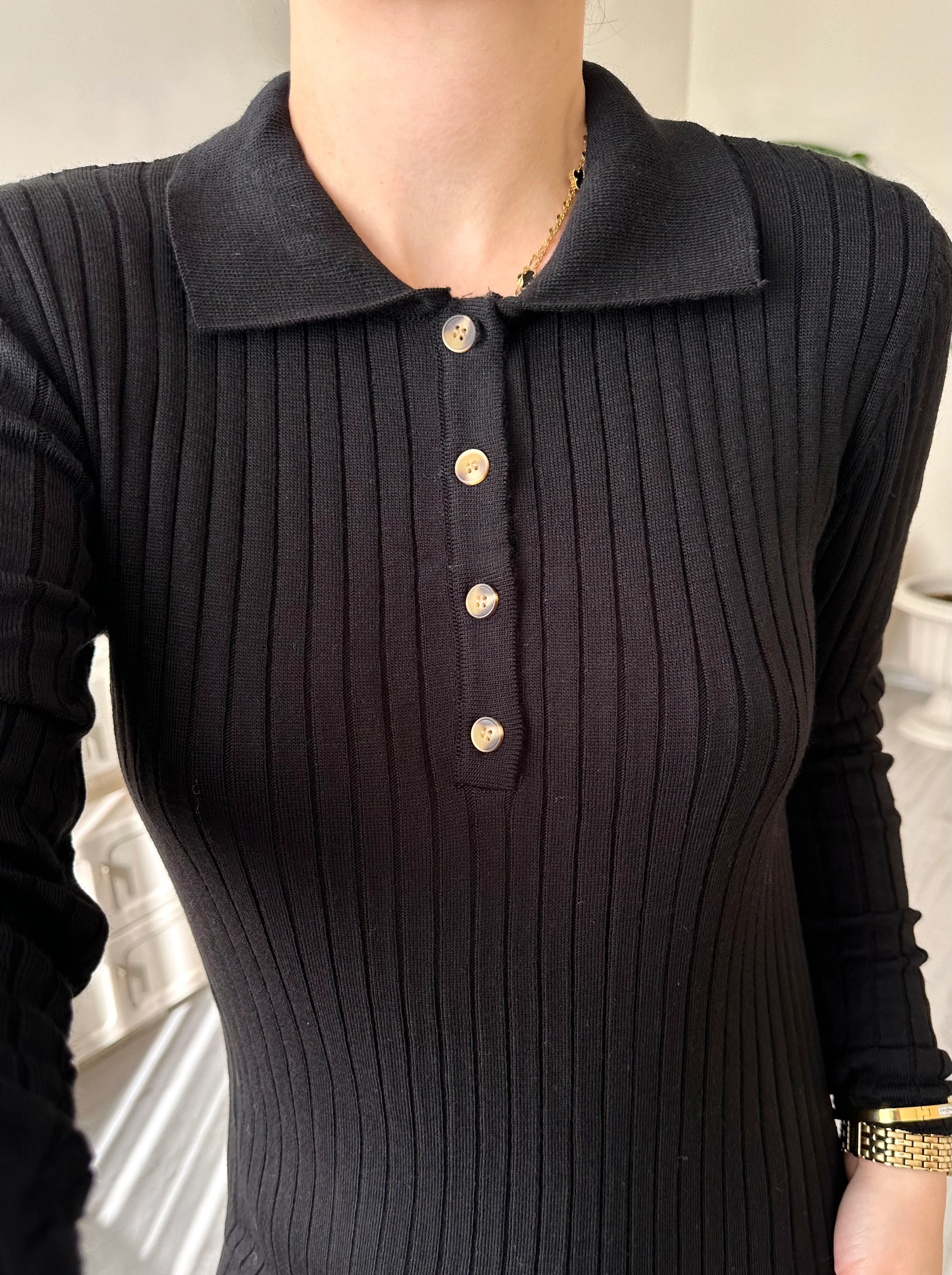 Polo Yaka Düğmeli Likralı Triko Elbise