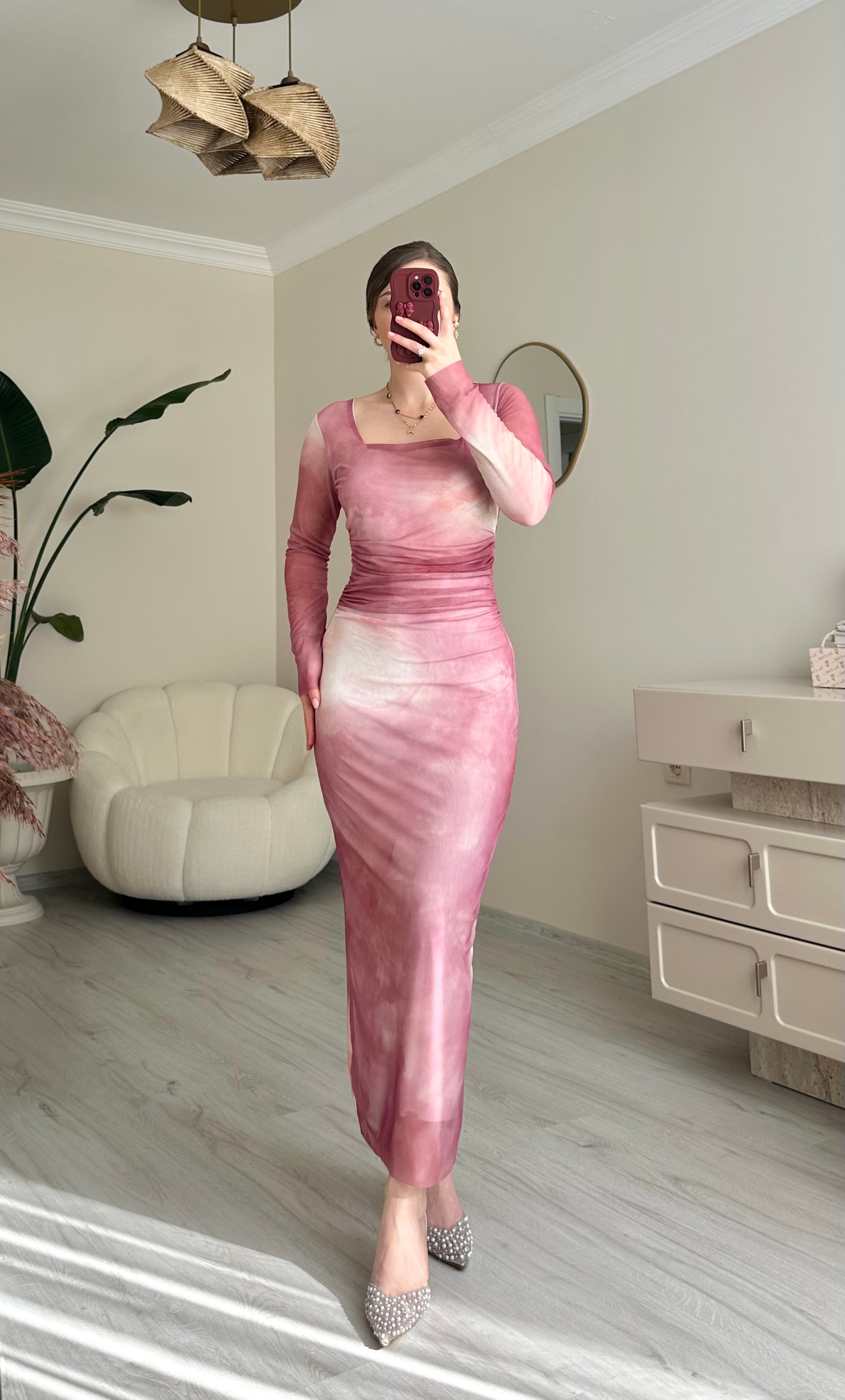 Tüllü Likralı Kare Yaka Midi Boy Elbise - Pembe Desenli