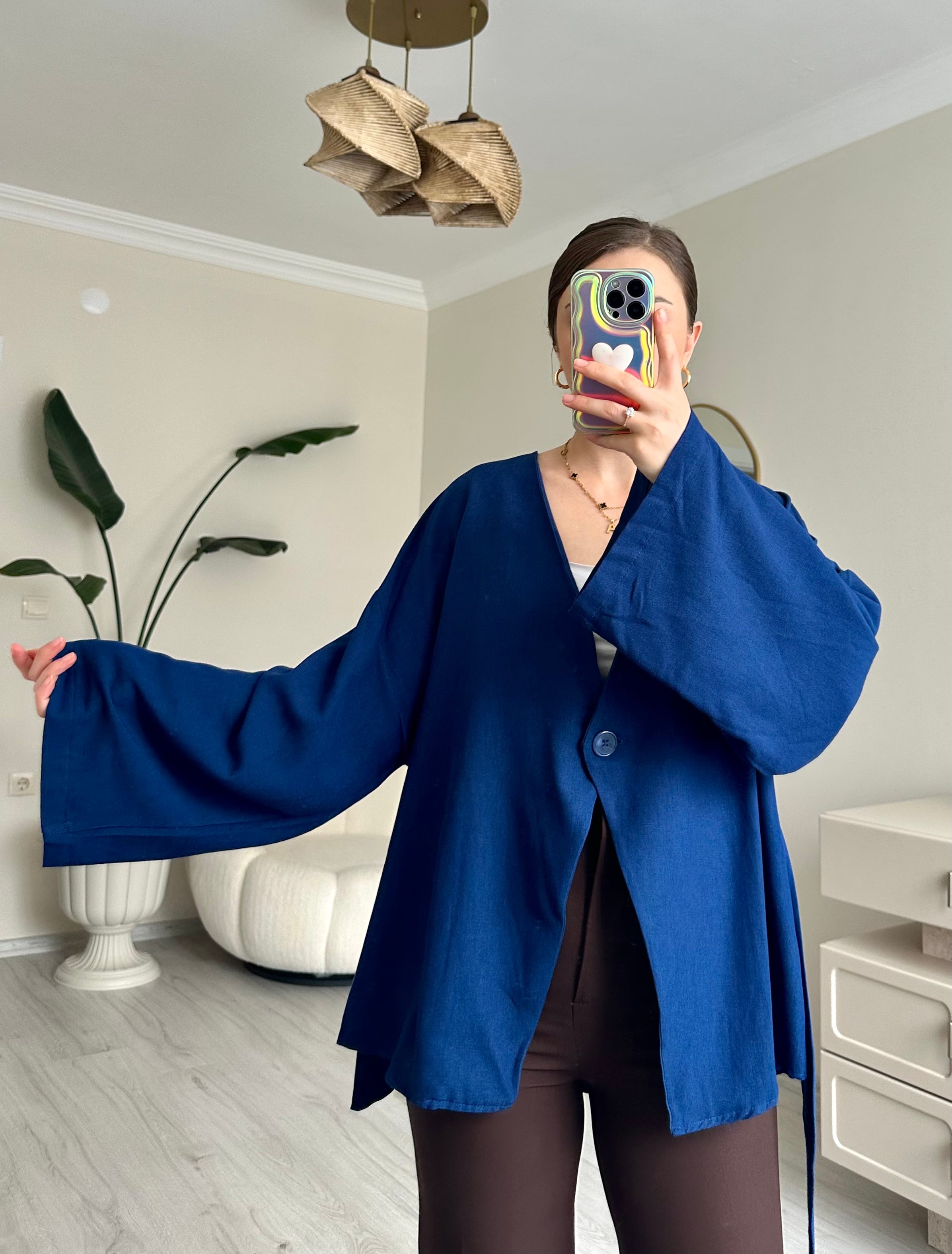 Kuşaklı Keten Oversize Ceket - Saks Mavisi