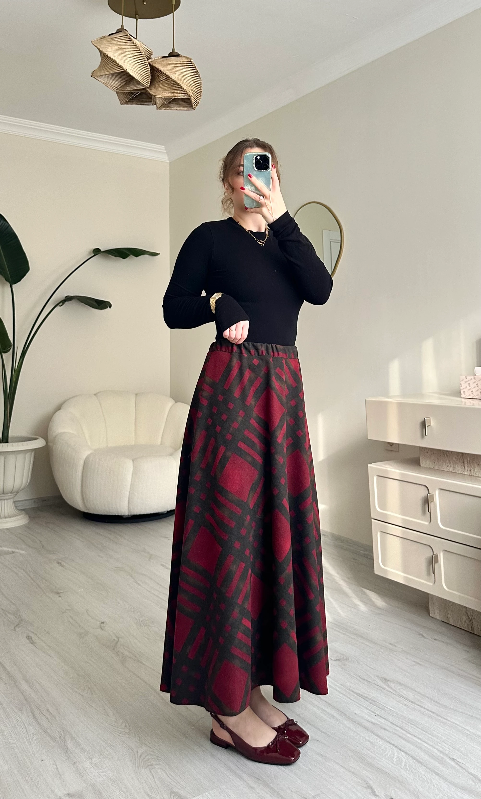 Ekoseli Maxi Boy Beli Lastikli Etek