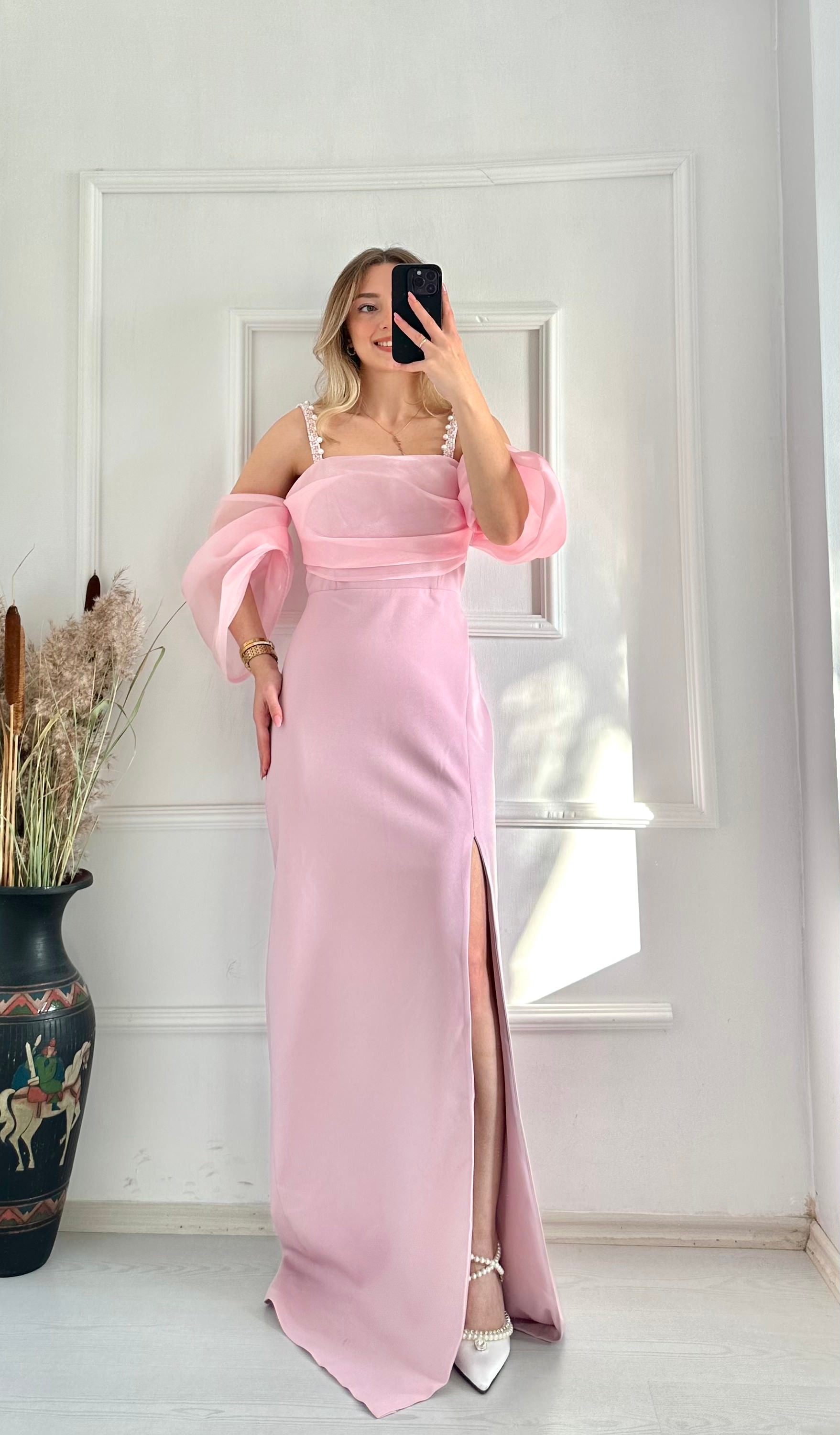 İnci Detay Abiye Elbise - Toz Pembe