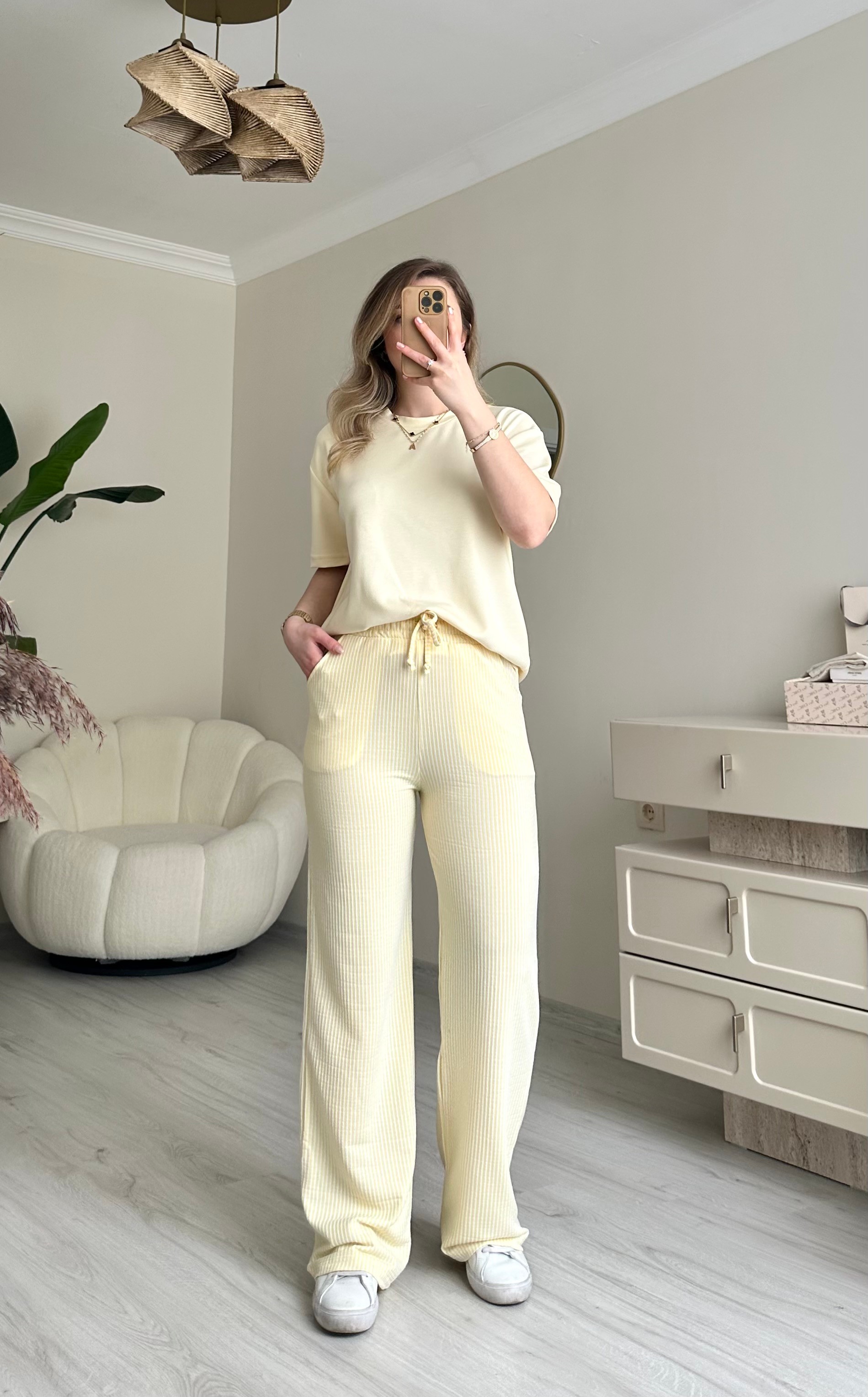 Su Yolu Beli Lastikli Palazzo Pantolon - Soft Sarı