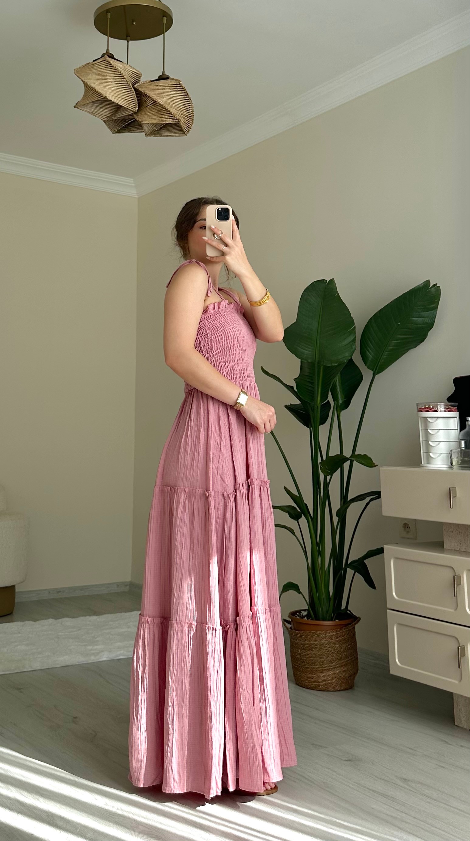 Gofre Kumaş Askılı Elbise