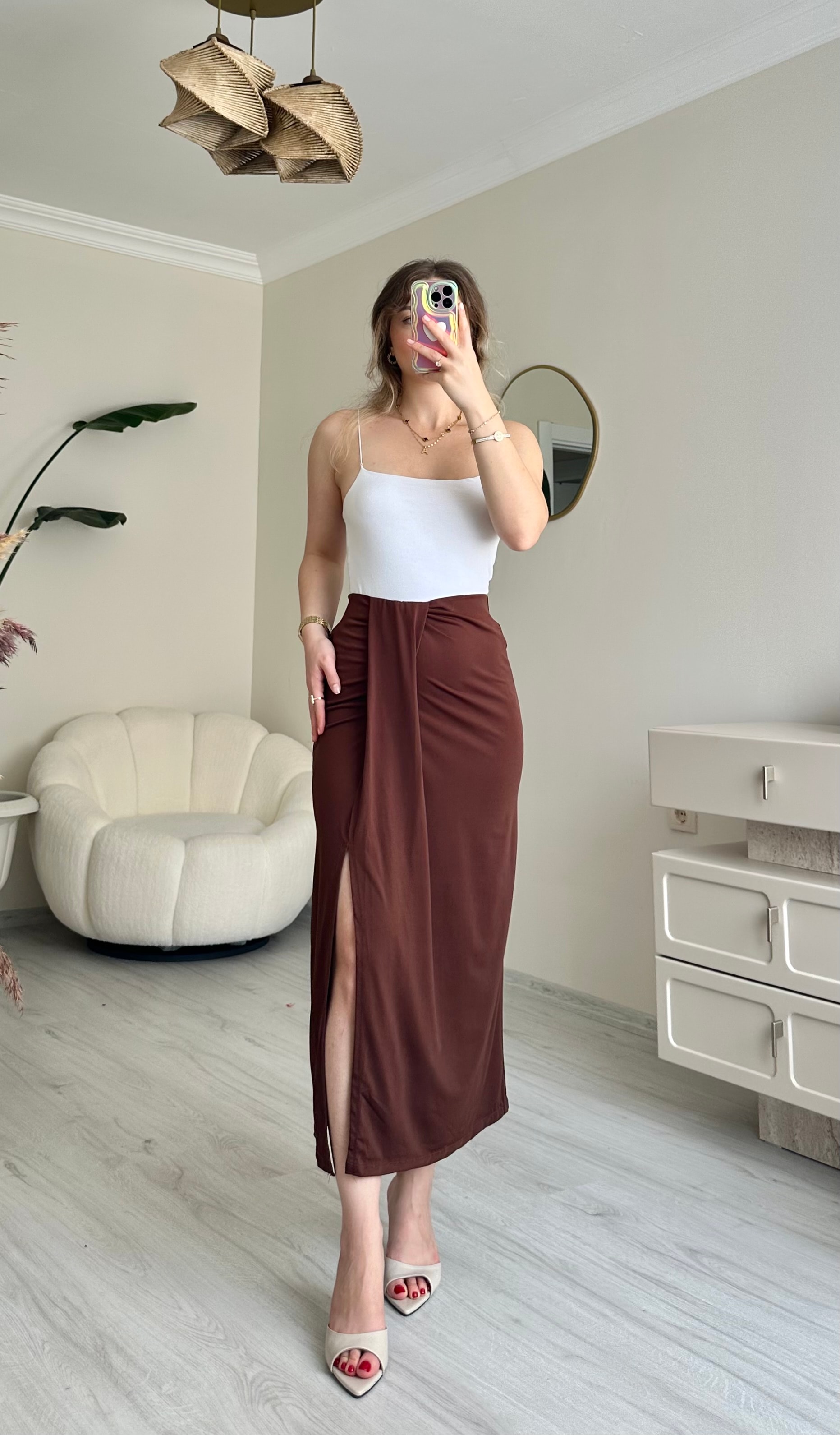 Yırtmaç Detay Buzzy Likralı Etek - Acı Kahve