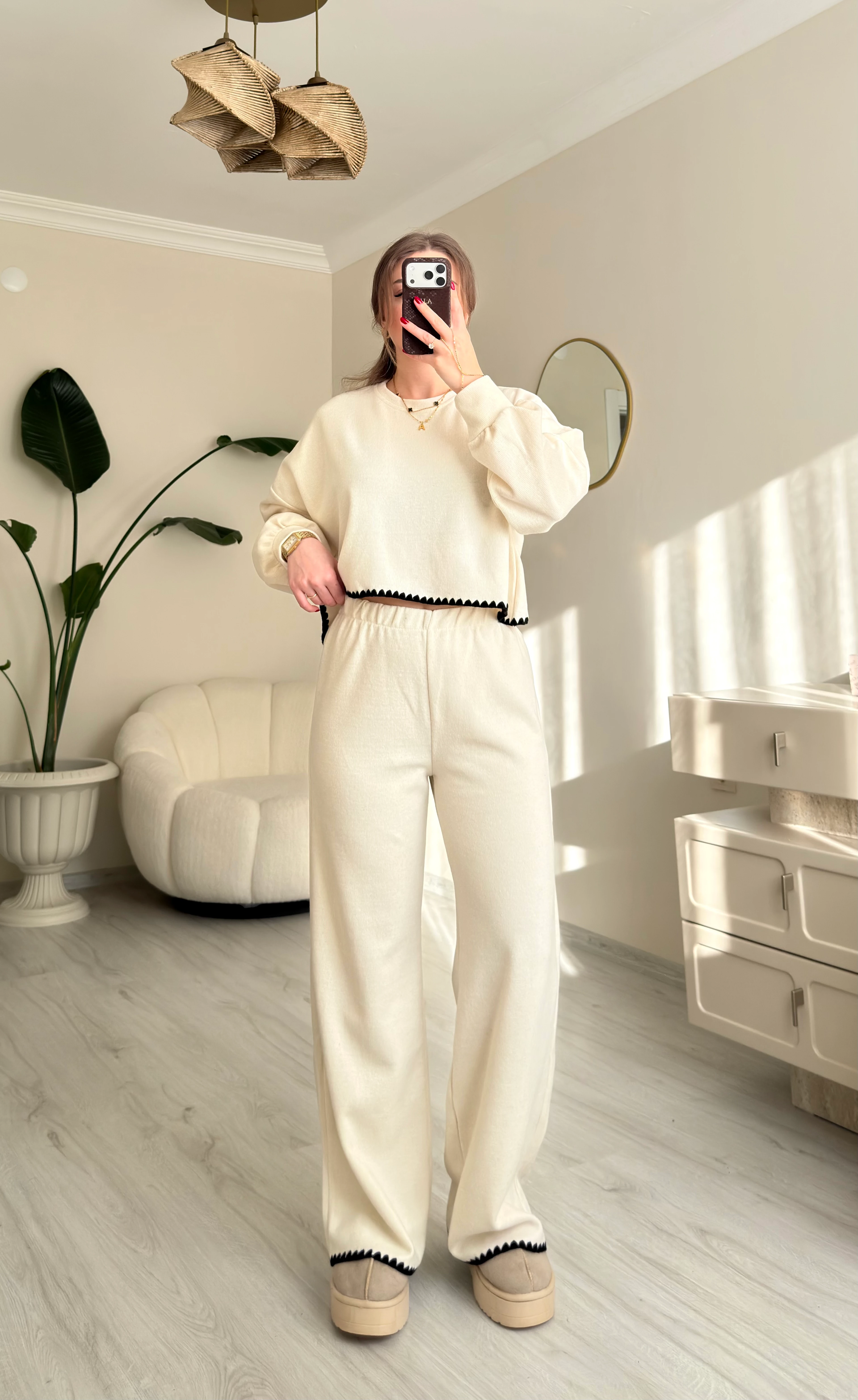 Balon Kol Kroşetalı Selanik Kumaş Takım - Krem