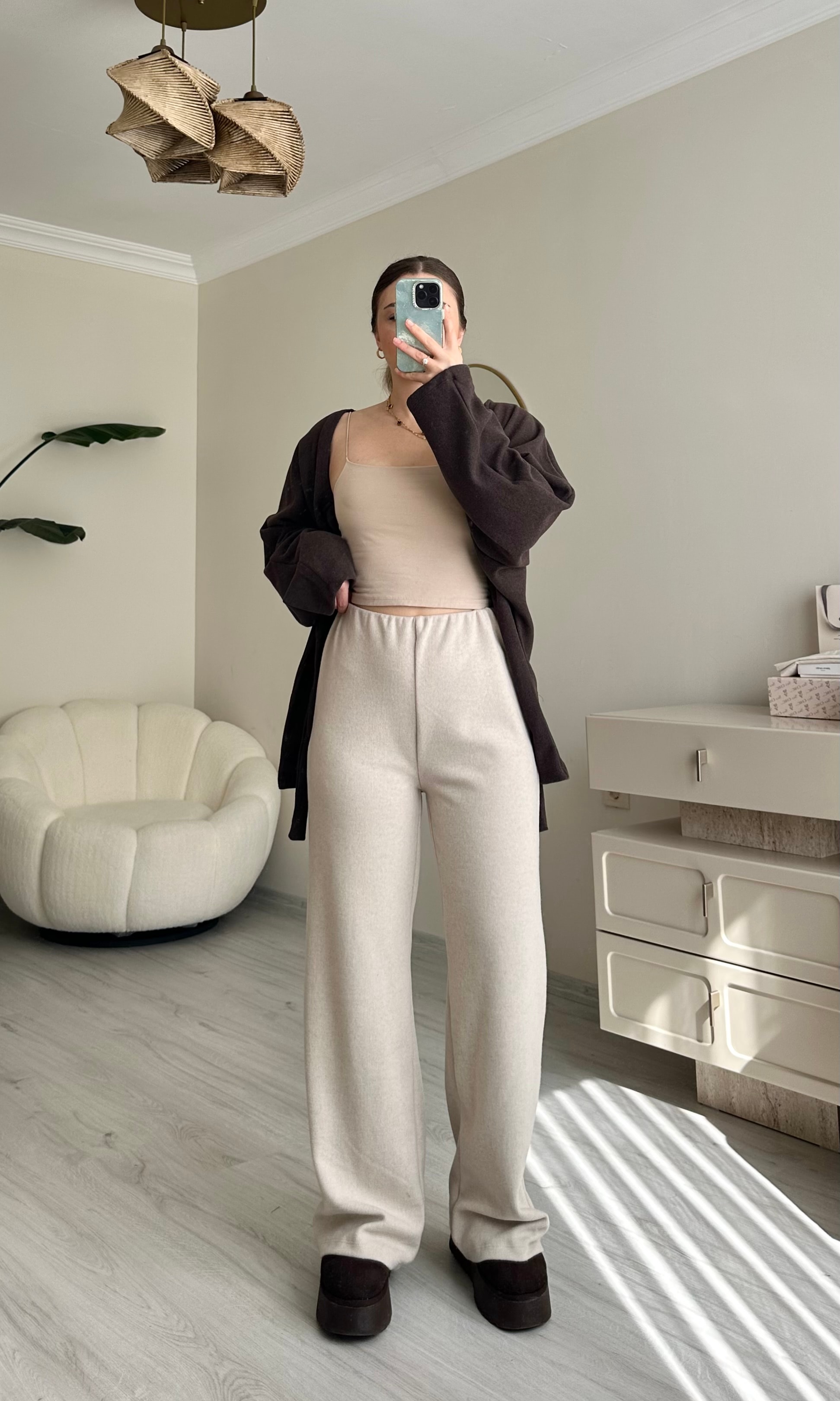 Selanik Kumaş Palazzo Beli Lastikli Pantolon - Krem
