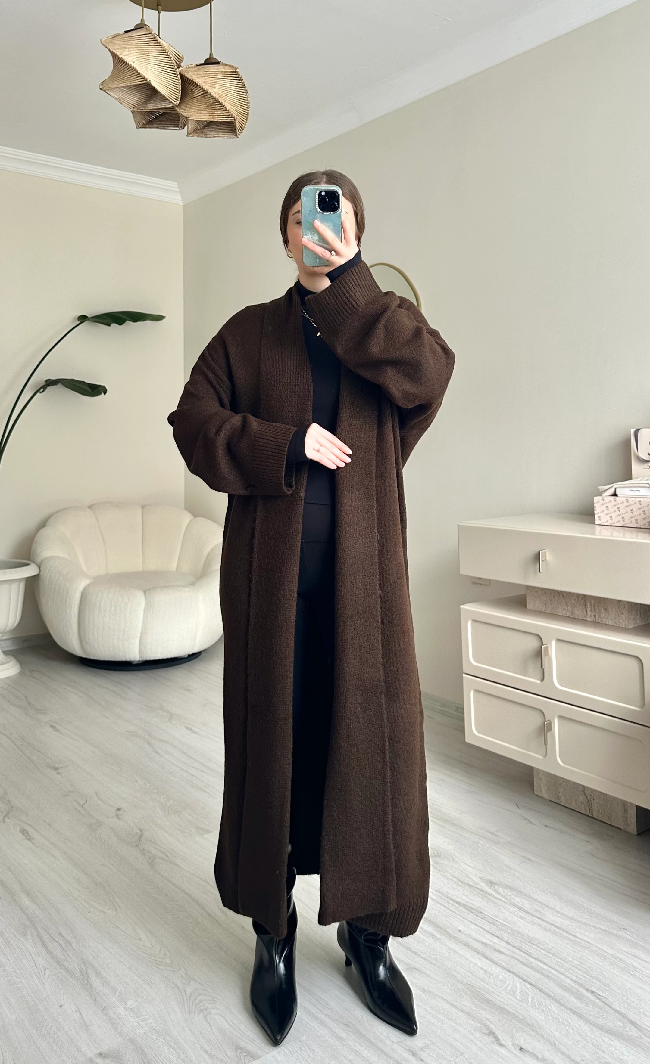 Premium Şal Yaka Oversize Maxi Boy Hırka - Acı Kahve
