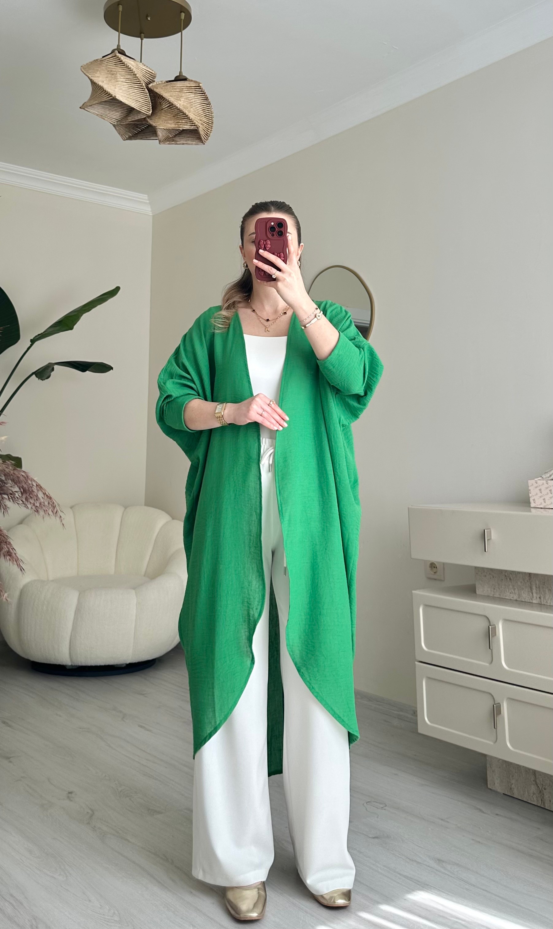Keten Maxi Boy Oversize Kimono - Benetton Yeşili