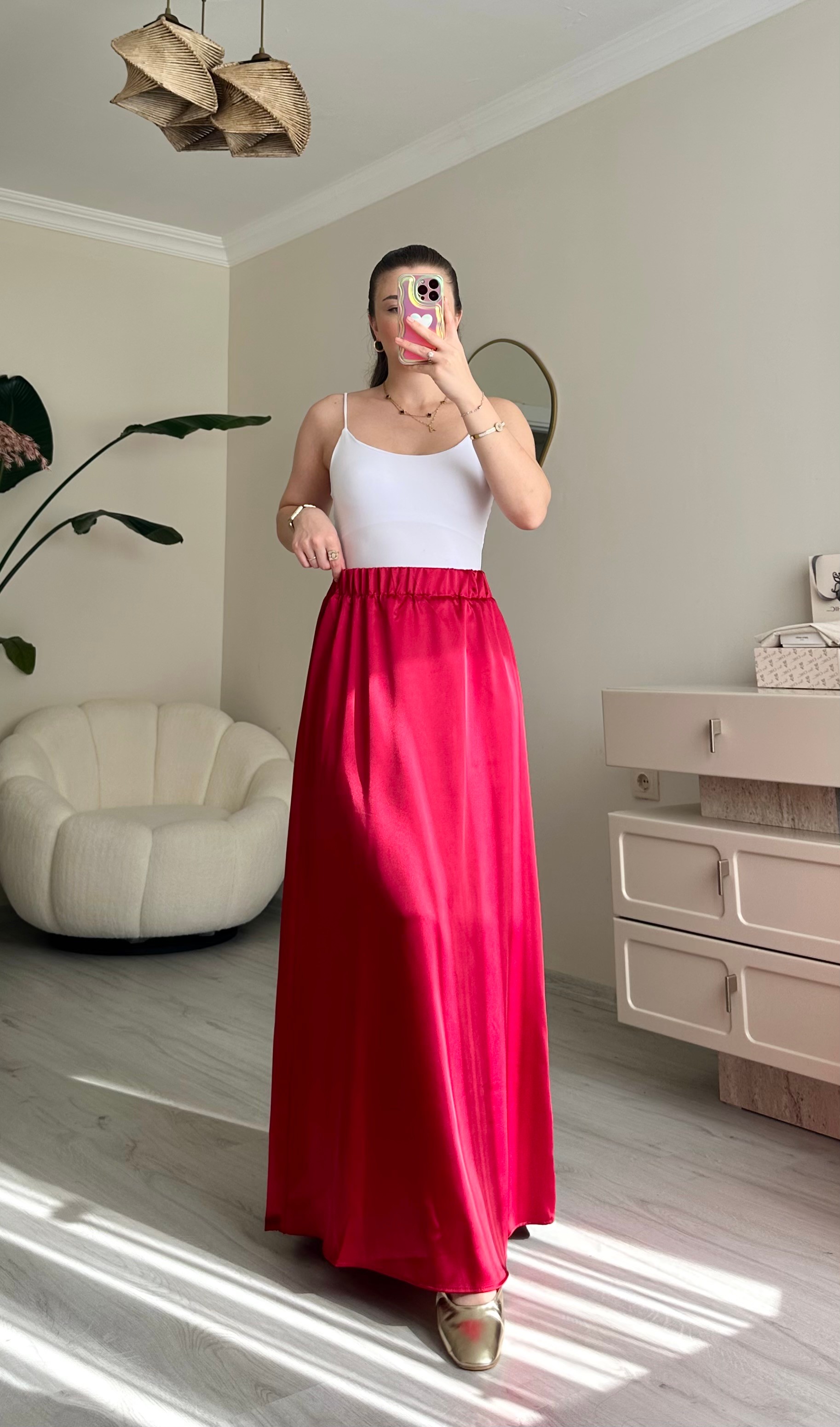 Saten Maxi Boy Beli Lastikli Etek - Kırmızı