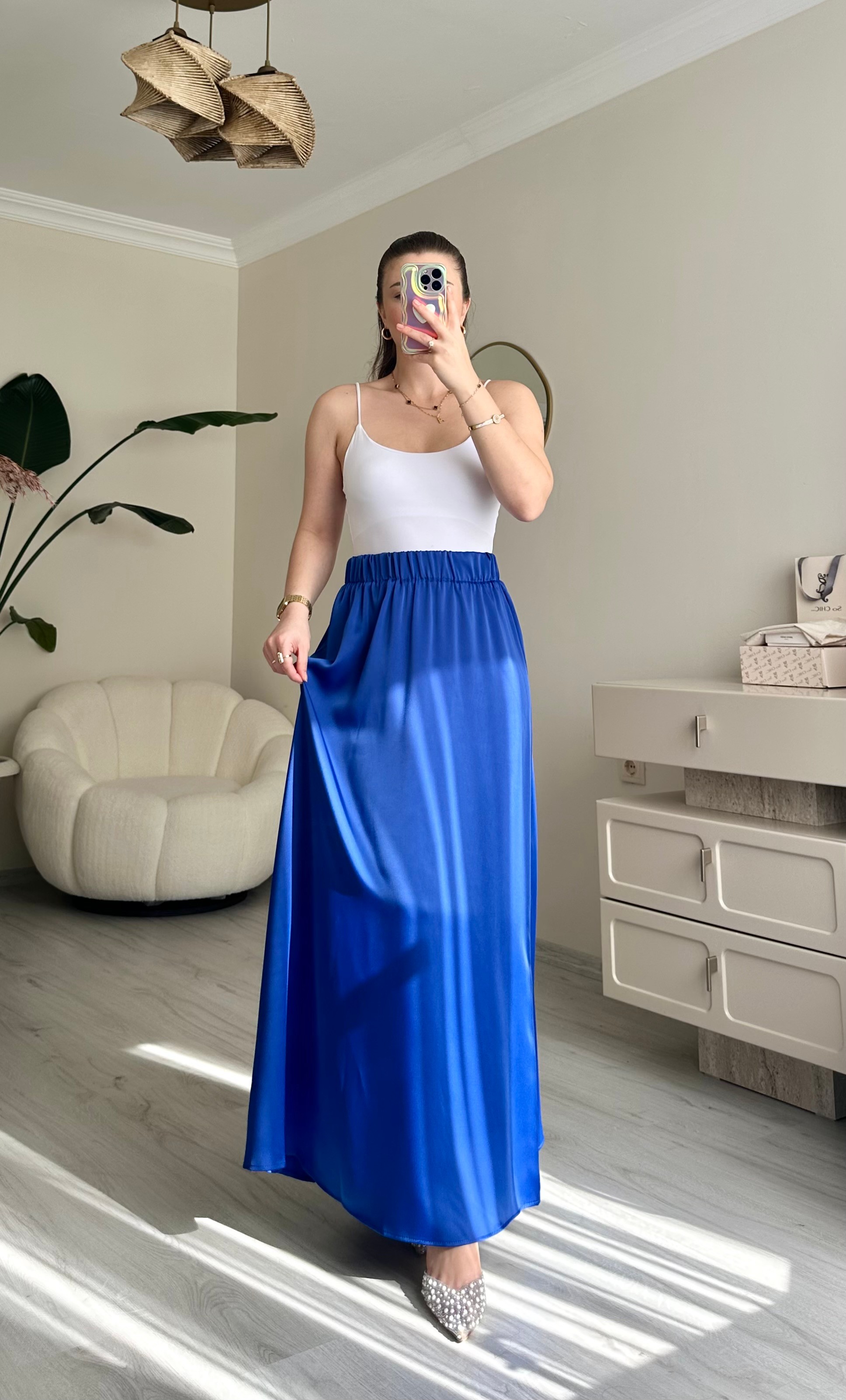 Saten Maxi Boy Beli Lastikli Etek - Saks Mavisi