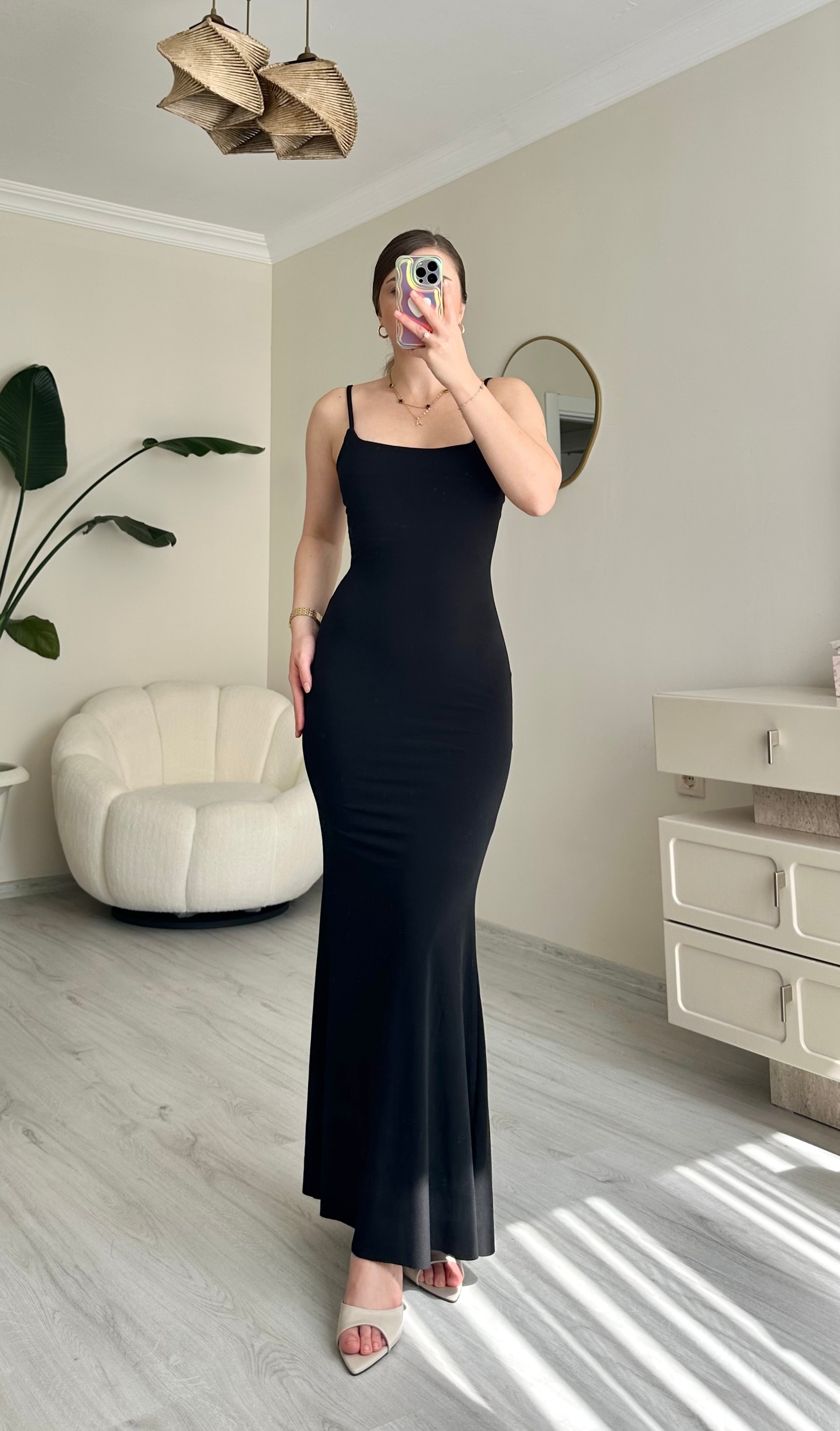 İp Askılı Likralı Maxi Boy Elbise - Siyah