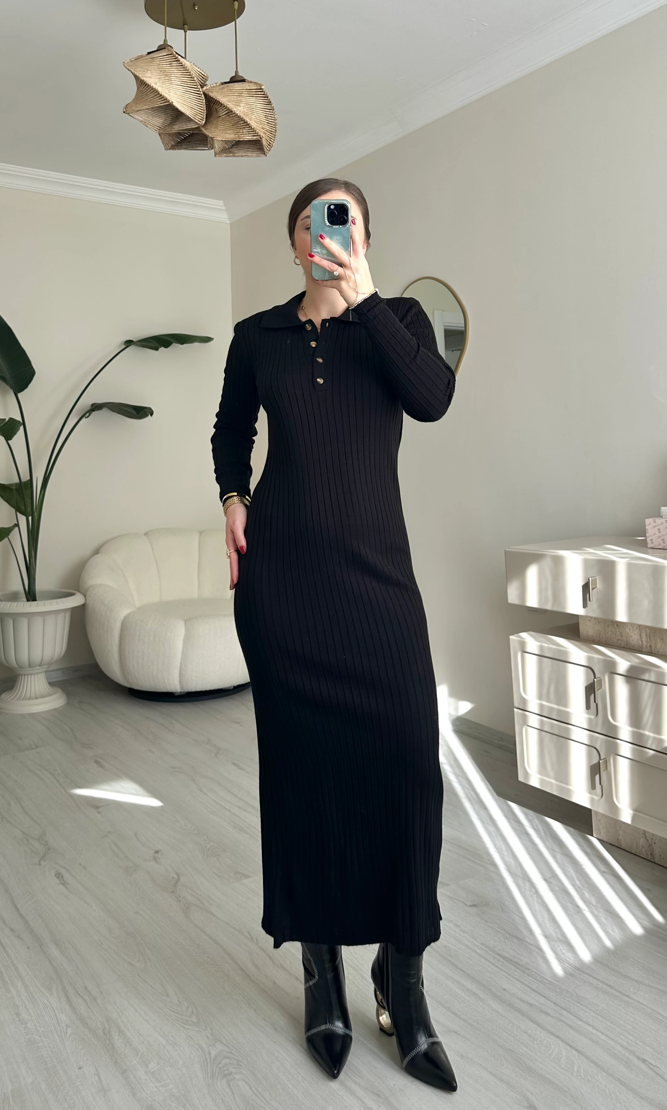 Polo Yaka Düğmeli Likralı Triko Elbise