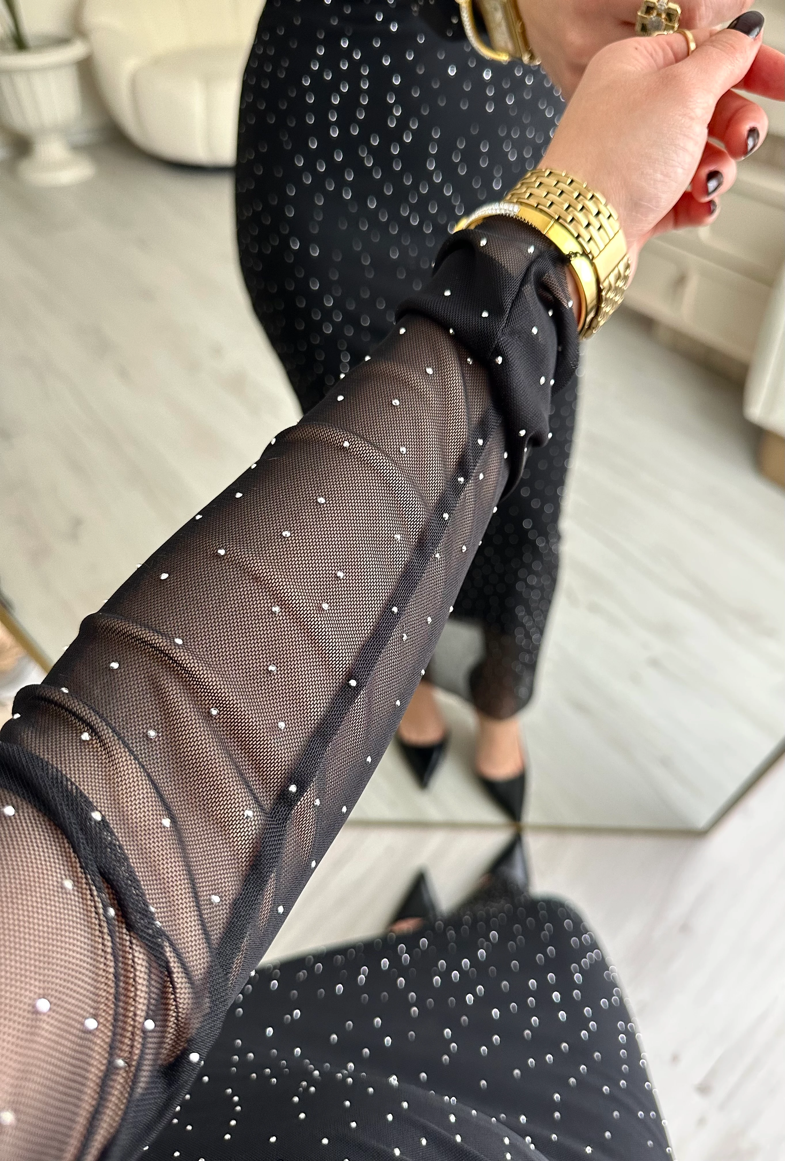 Taşlı Omuz Detay Tüllü Elbise