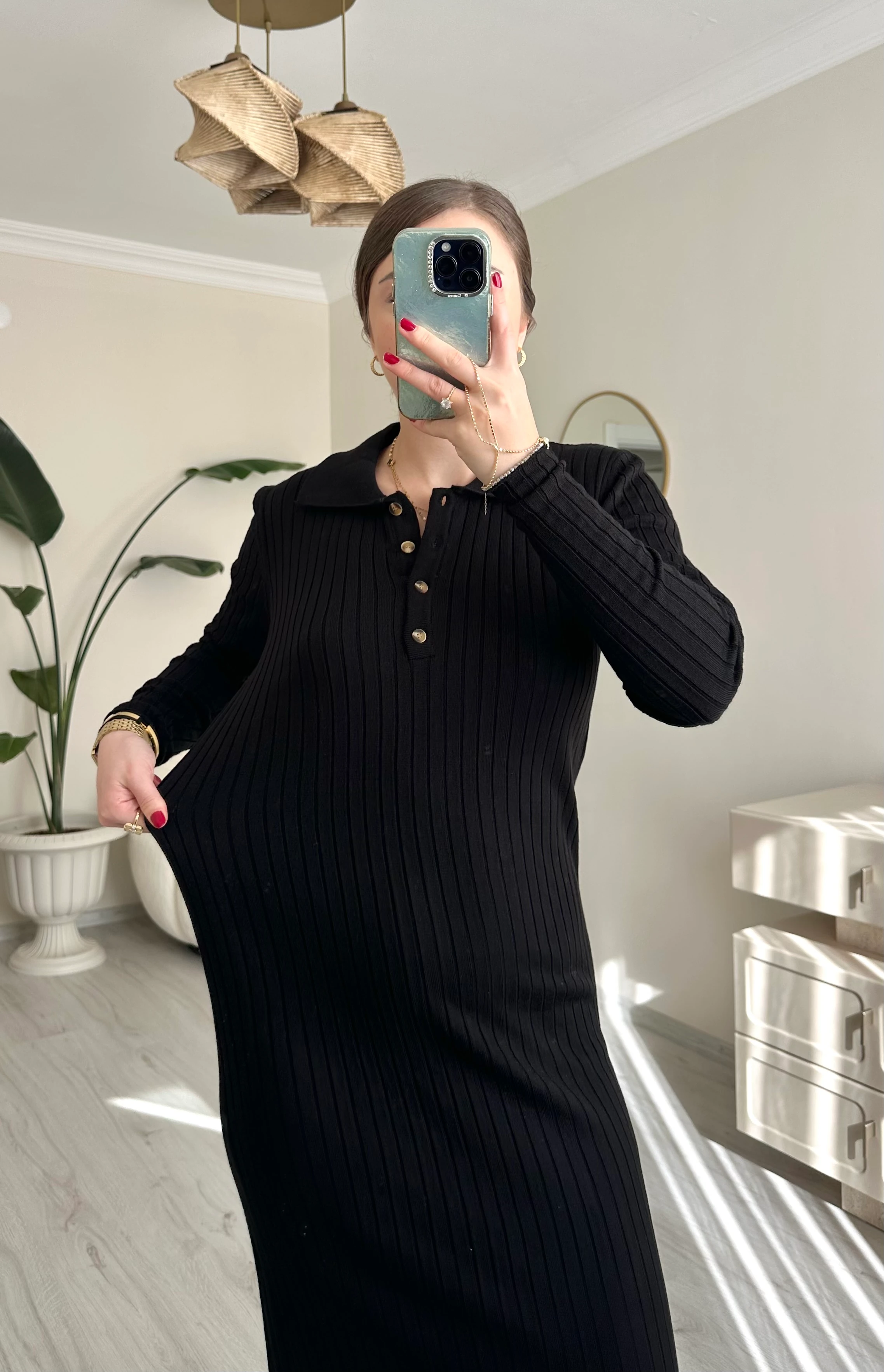 Polo Yaka Düğmeli Likralı Triko Elbise