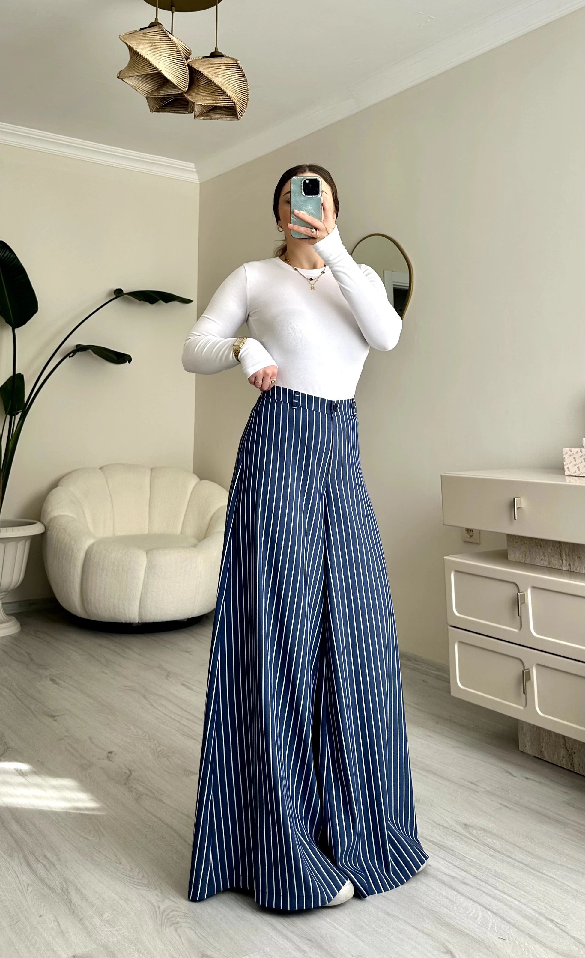 Premium Çizgili Sim Detay Maxi Paça Etekli Pantolon