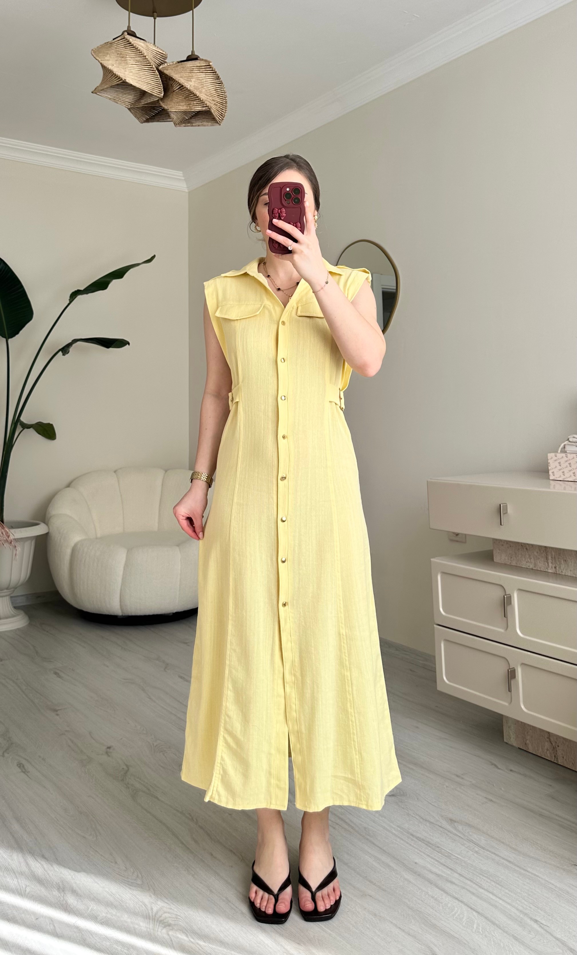 ZR Keten Gold Düğmeli Kemer Detay Midi Boy Elbise - Soft Sarı