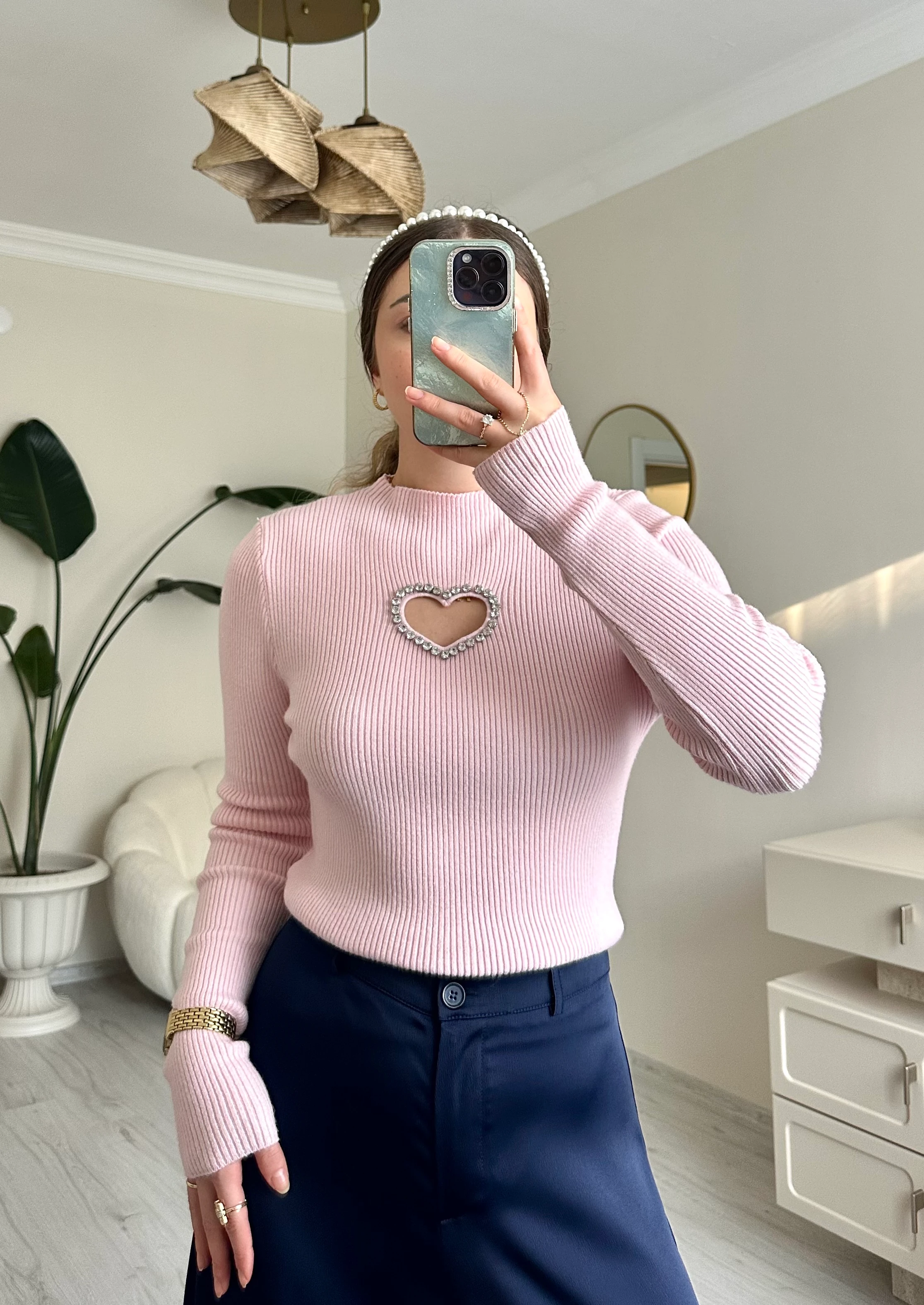 Taşlı Kalp Detay Soft Touch Fitilli Kazak - Pudra Pembesi